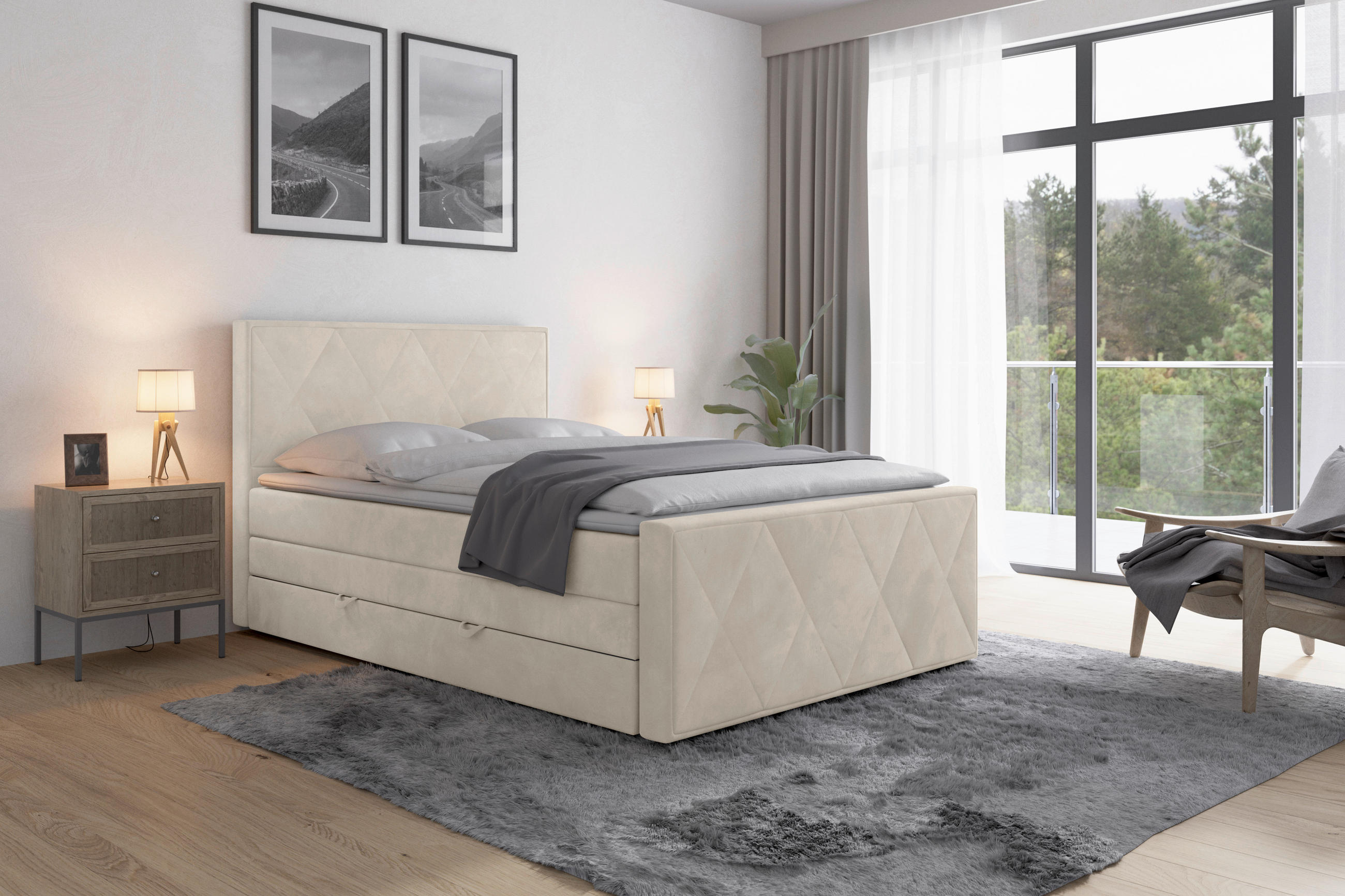 Thumbnail - Mid.you Boxspringbett, Weiß, Textil, Birke, Buche,Birke, Buche, H2, 7-Zonen, Höhe ca. 20 cm, 140x200 cm, Federkernmatrat...