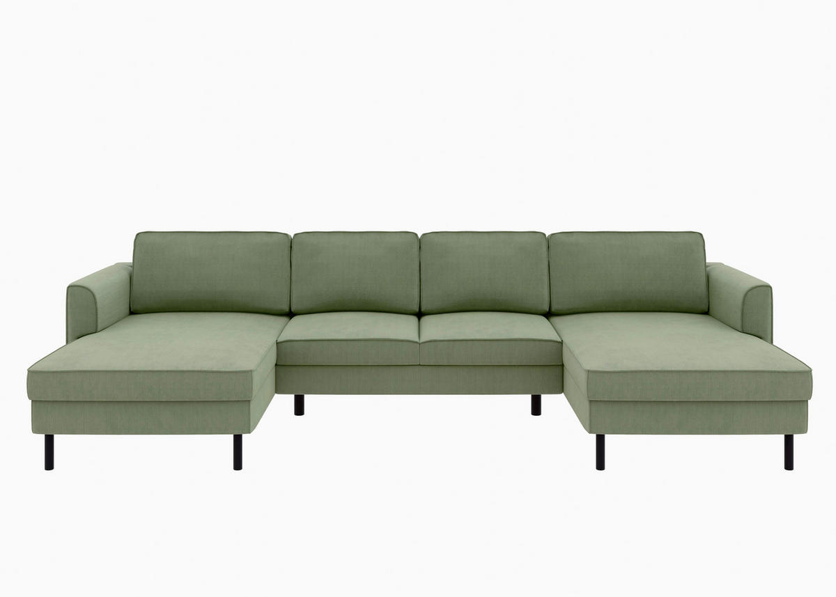 WOHNLANDSCHAFT Grün Cord  - Schwarz/Grün, MODERN, Textil/Metall (161/306/161cm) - Trendmanufaktur