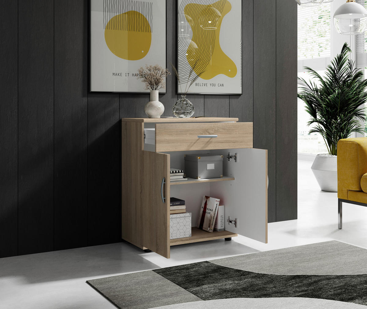 KOMÓD 60/70/30 cm  - ezüst/Sonoma tölgy, Design, műanyag/faalapú anyag (60/70/30cm) - Boxxx