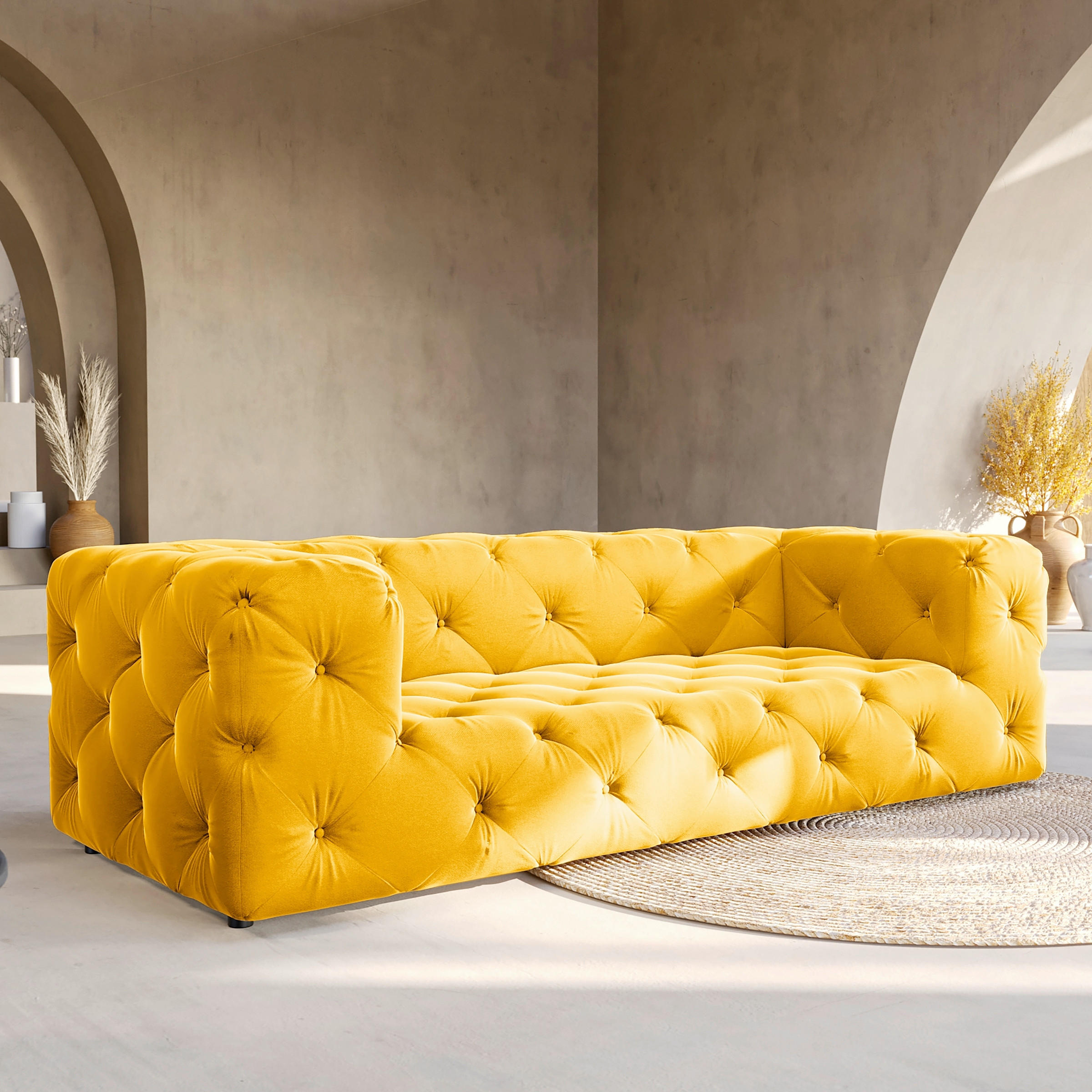 3-SITZER-SOFA Samt Senfgelb  - Senfgelb/Schwarz, Design, Kunststoff/Textil (230/71/100cm) - P & B