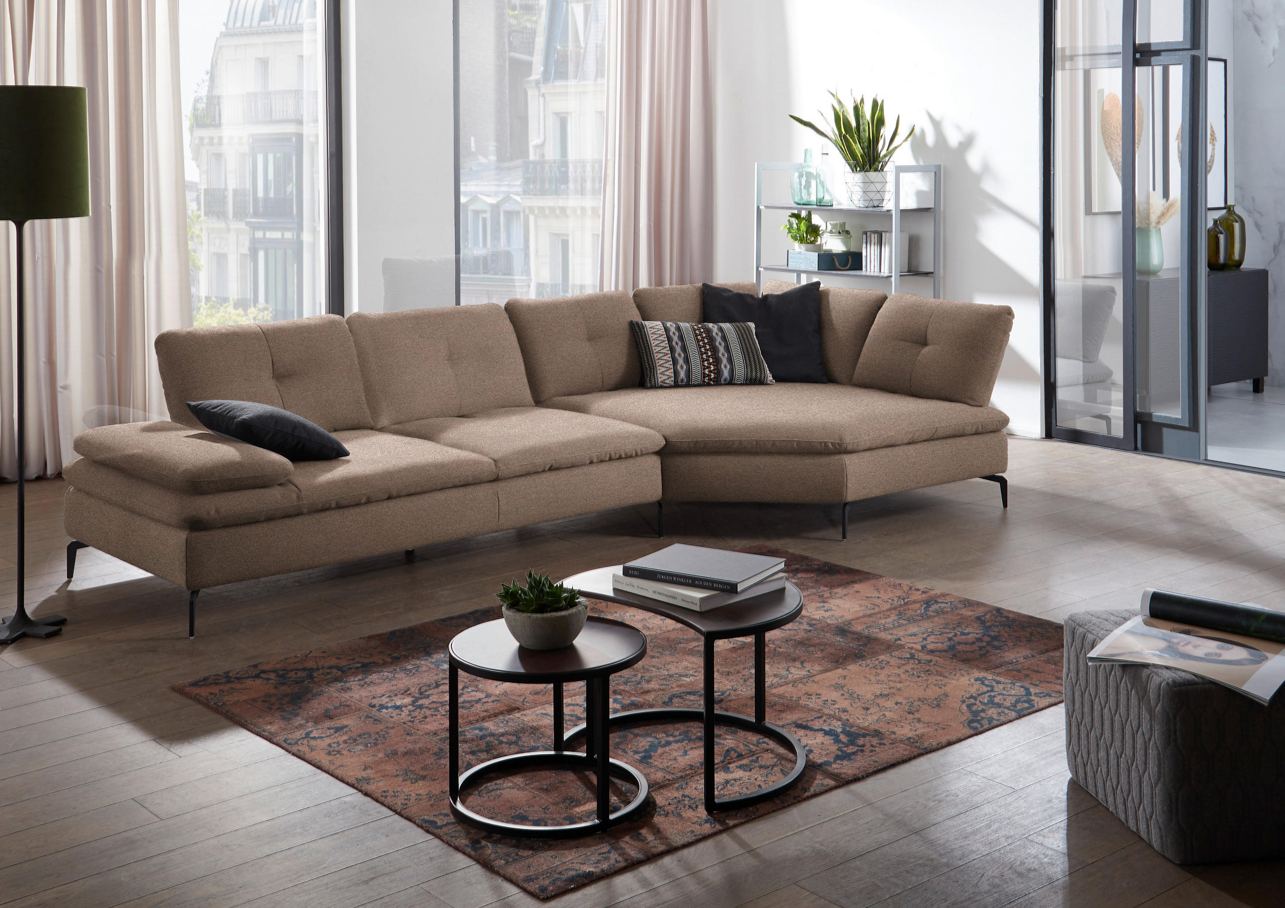 ECKSOFA in Flachgewebe Graubraun  - Graubraun/Schwarz, Design, Textil/Metall (344/157cm) - Chilliano