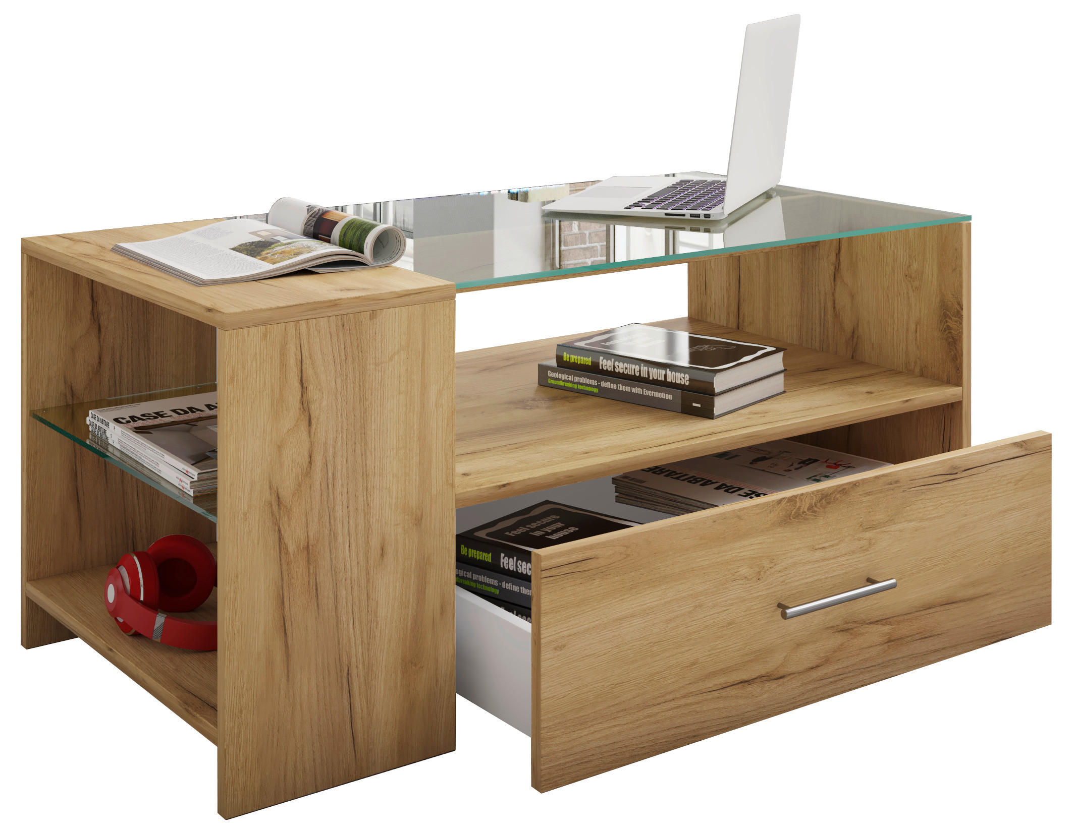COUCHTISCH Glas, Holzwerkstoff 50/100/45 cm  - Eichefarben/Honig, Basics, Glas/Holzwerkstoff (50/100/45cm) - MID.YOU