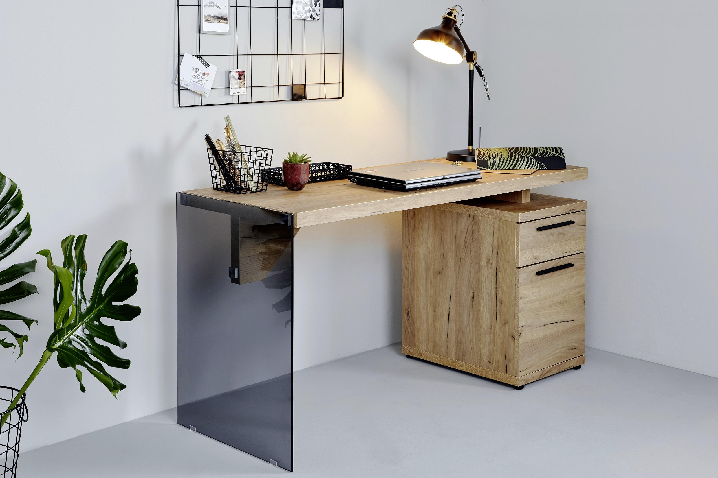 SCHREIBTISCH 141,8/74/55 cm  in Eichefarben  - Eichefarben/Transparent, Design, Glas/Holzwerkstoff (141,8/74/55cm)