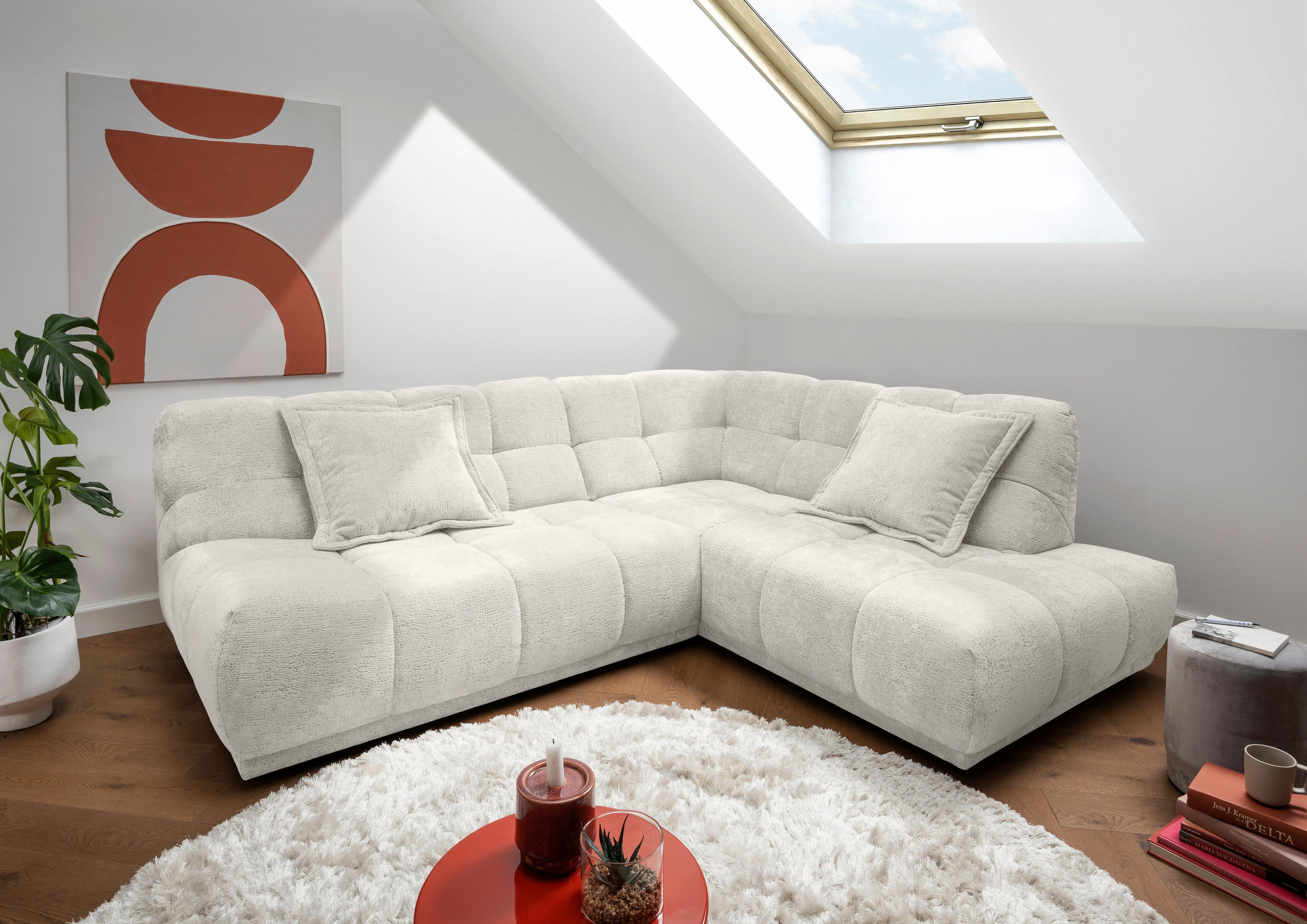 ECKSOFA ITALIA Creme Chenille  - Creme/Schwarz, MODERN, Kunststoff/Textil (254/203cm) - Livetastic