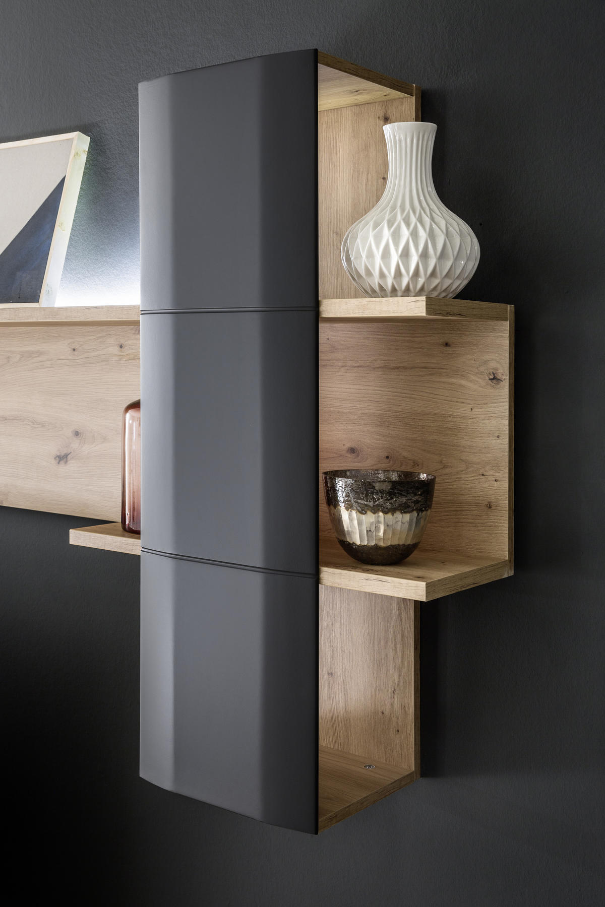WOHNWAND Kigali  in Anthrazit, Klar, Eichefarben  290/198/50 cm  - Klar/Eichefarben, Design, Glas/Holzwerkstoff (290/198/50cm) - Livetastic