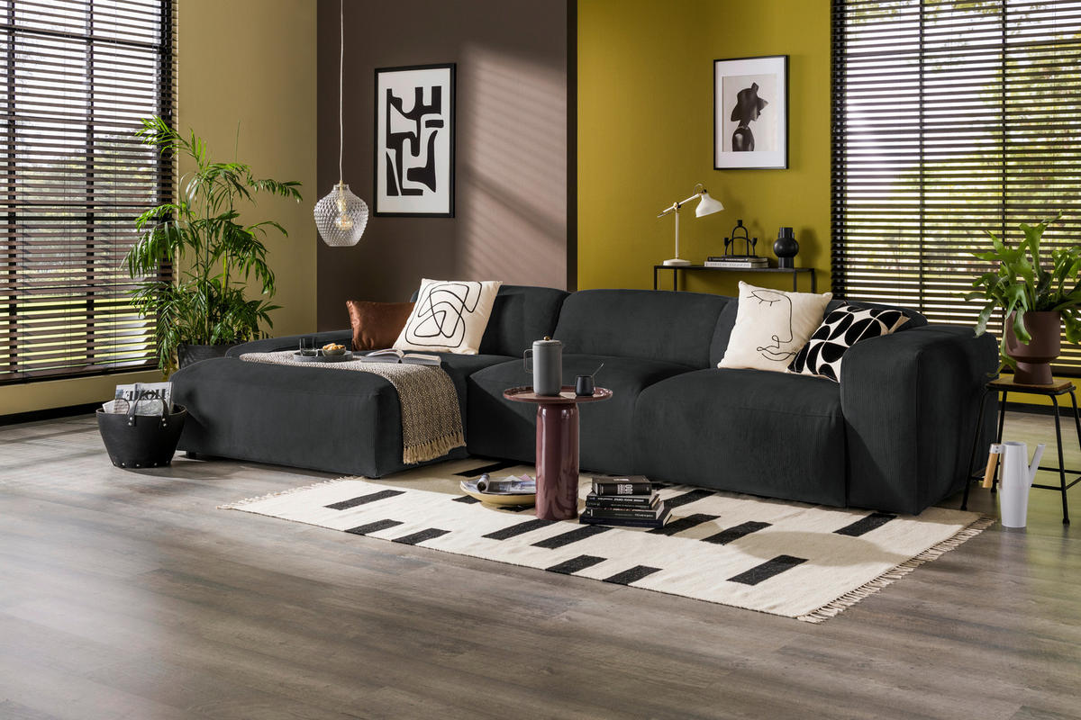 ECKSOFA HANNAH Schwarz Cord  - Schwarz, Design, Kunststoff/Textil (170/343cm) - MID.YOU