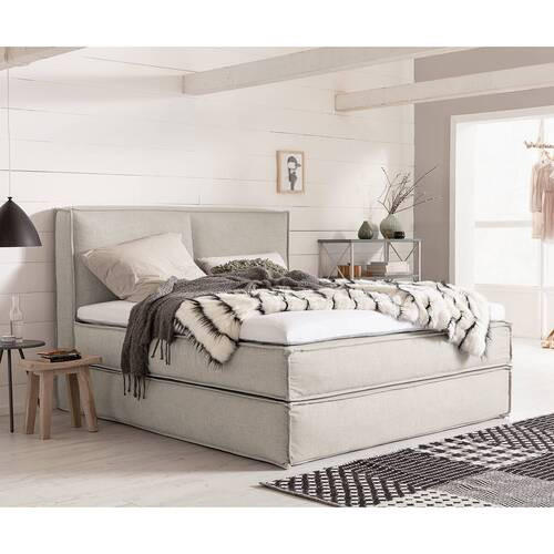 Thumbnail - home24 Boxspringbett Kinx, Beige, Textil, H2 + H3, 7-Zonen, Höhe ca. 24 cm, 140x200 cm, gepolstertes Kopfteil, Topper du...