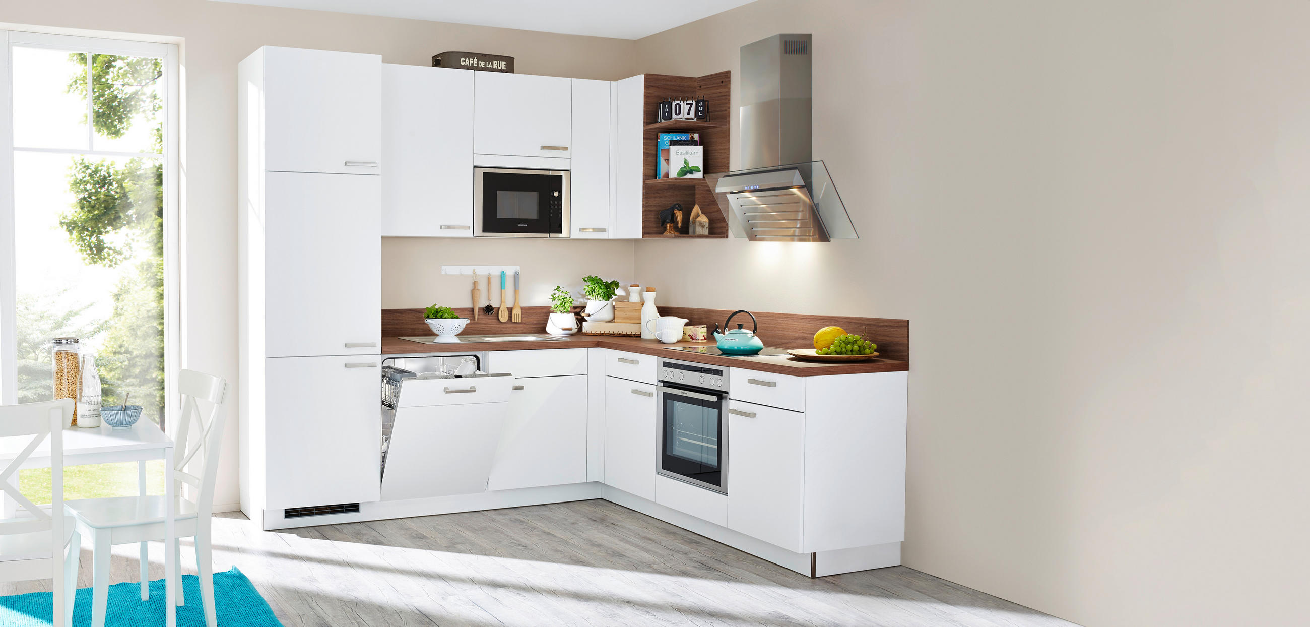 EINBAUKÜCHE   - Nussbaumfarben/Weiß, Design, Holzwerkstoff - Dieter Knoll