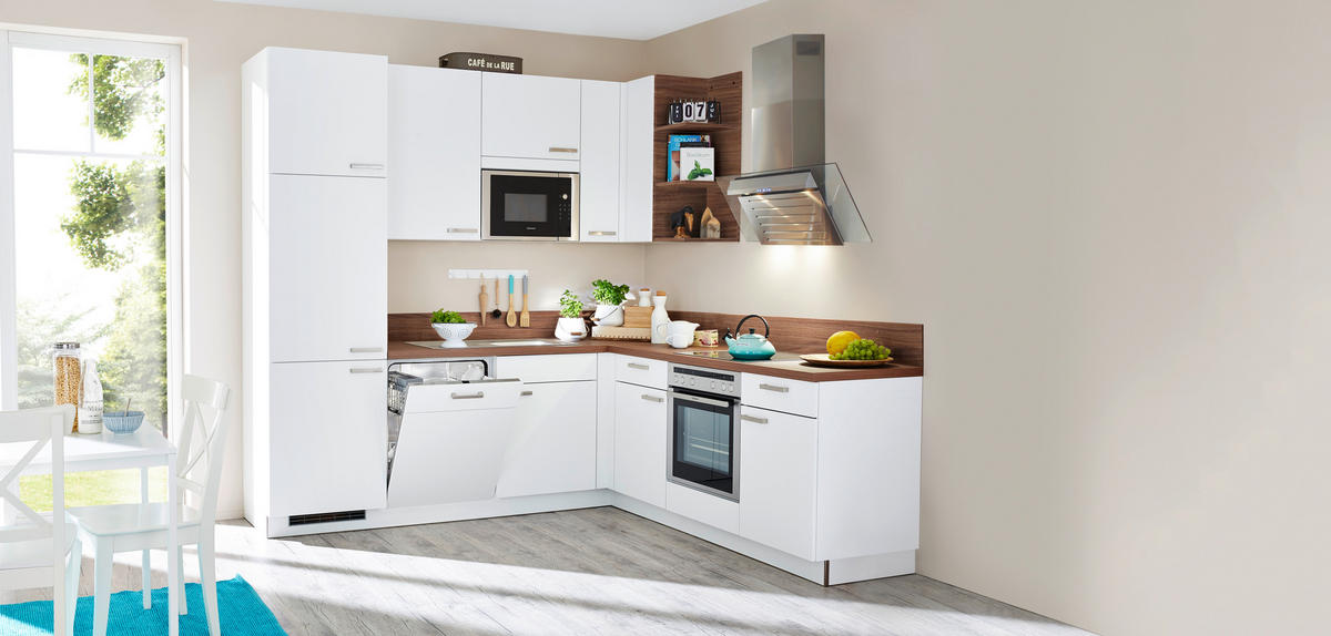 EINBAUKÜCHE   - Weiss/Nussbaumfarben, Design, Holzwerkstoff - Dieter Knoll