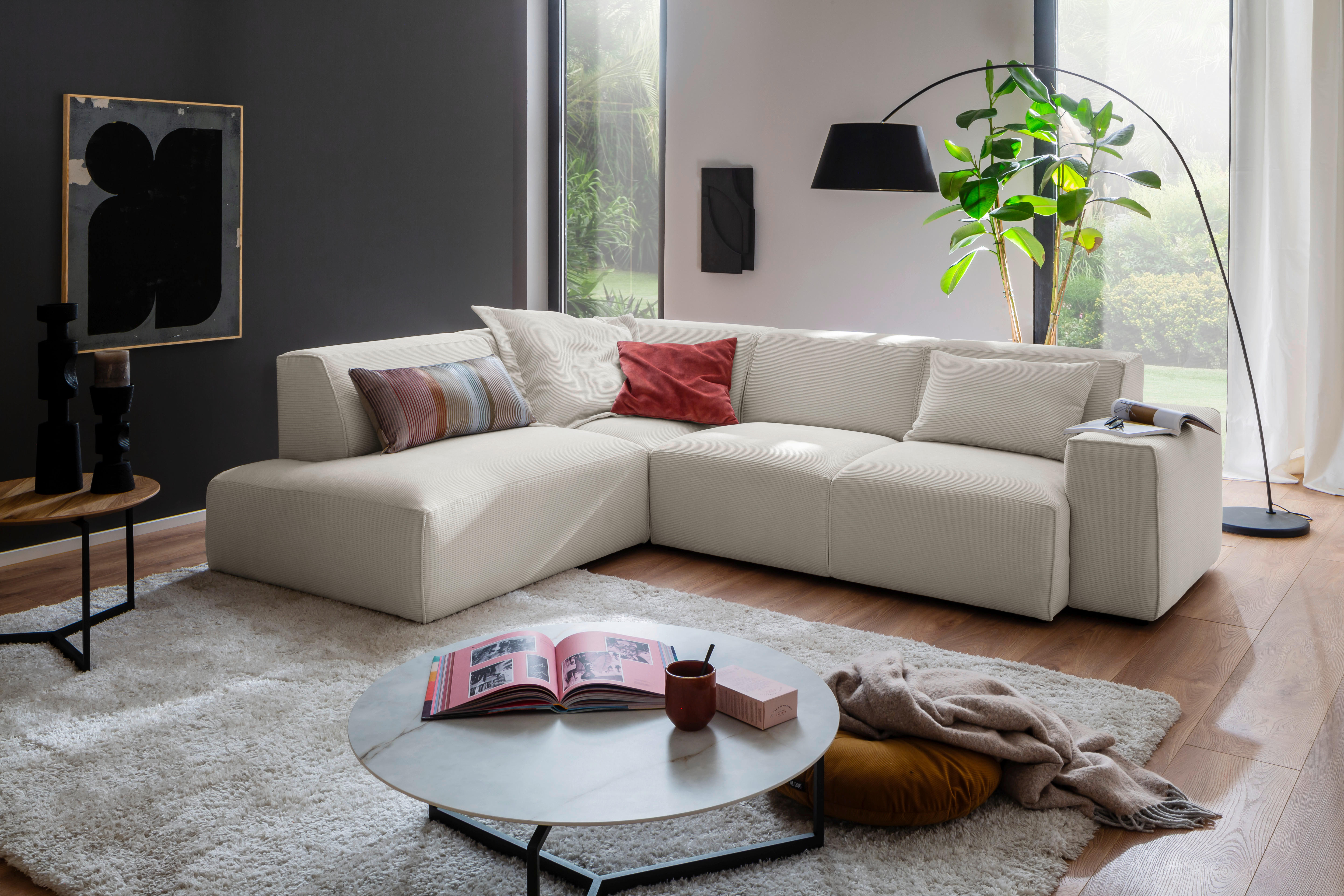 ECKSOFA Weiß Cord  - Schwarz/Weiß, Design, Kunststoff/Textil (210/243cm) - Pure Home Lifestyle