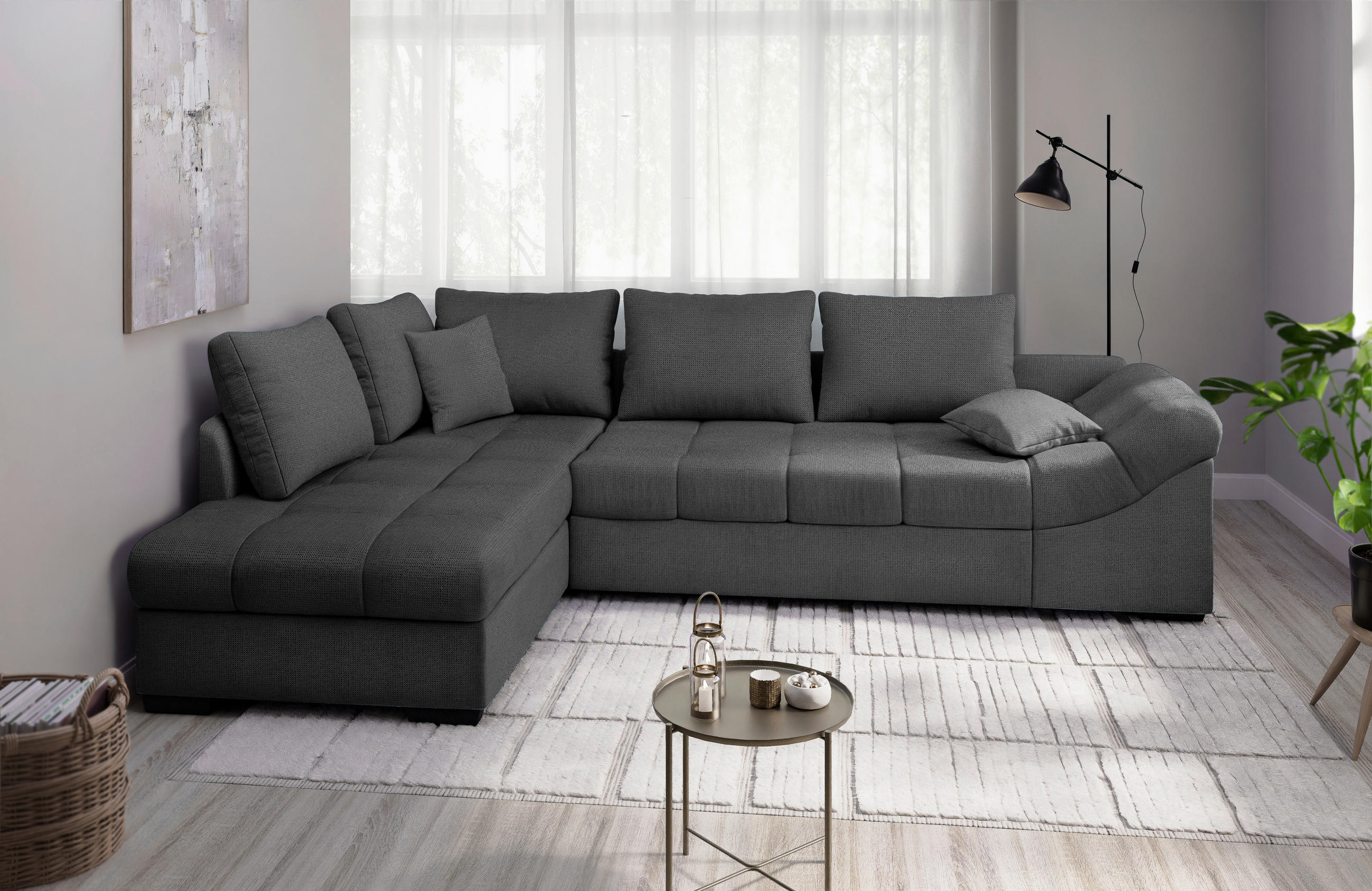 ECKSCHLAFSOFA Alvito Anthrazit Chenille  - Anthrazit/Schwarz, MODERN, Holz/Textil (202/298cm) - MID.YOU
