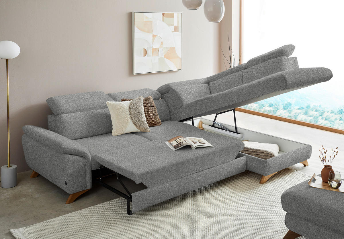 ECKSOFA in Bouclé Hellgrau  - Eichefarben/Hellgrau, Modern, Holz/Textil (287/212cm) - Valnatura