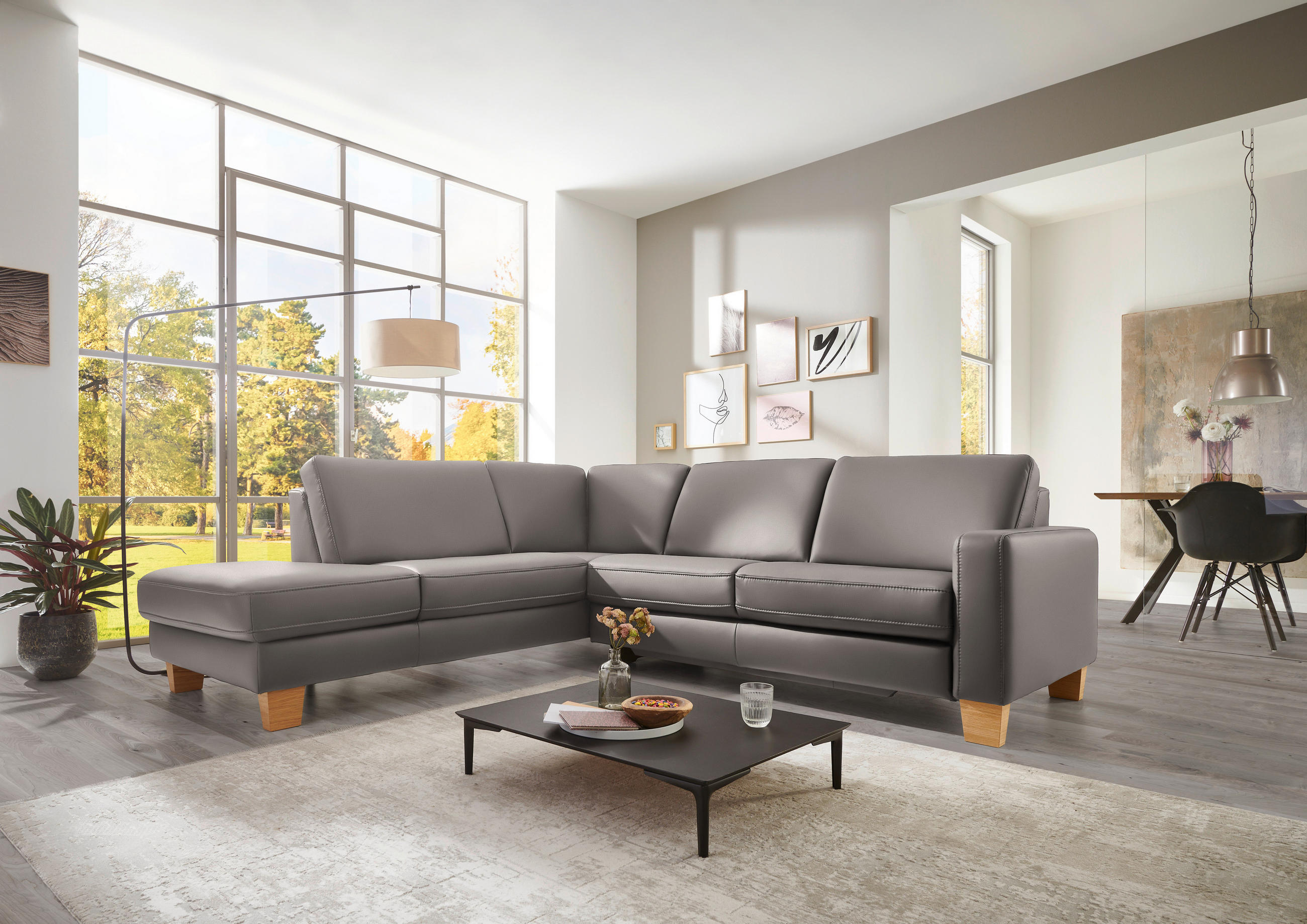 ECKSOFA in Echtleder Hellgrau  - Eiche Bianco/Hellgrau, Konventionell, Leder/Holz (235/257cm) - Valdera