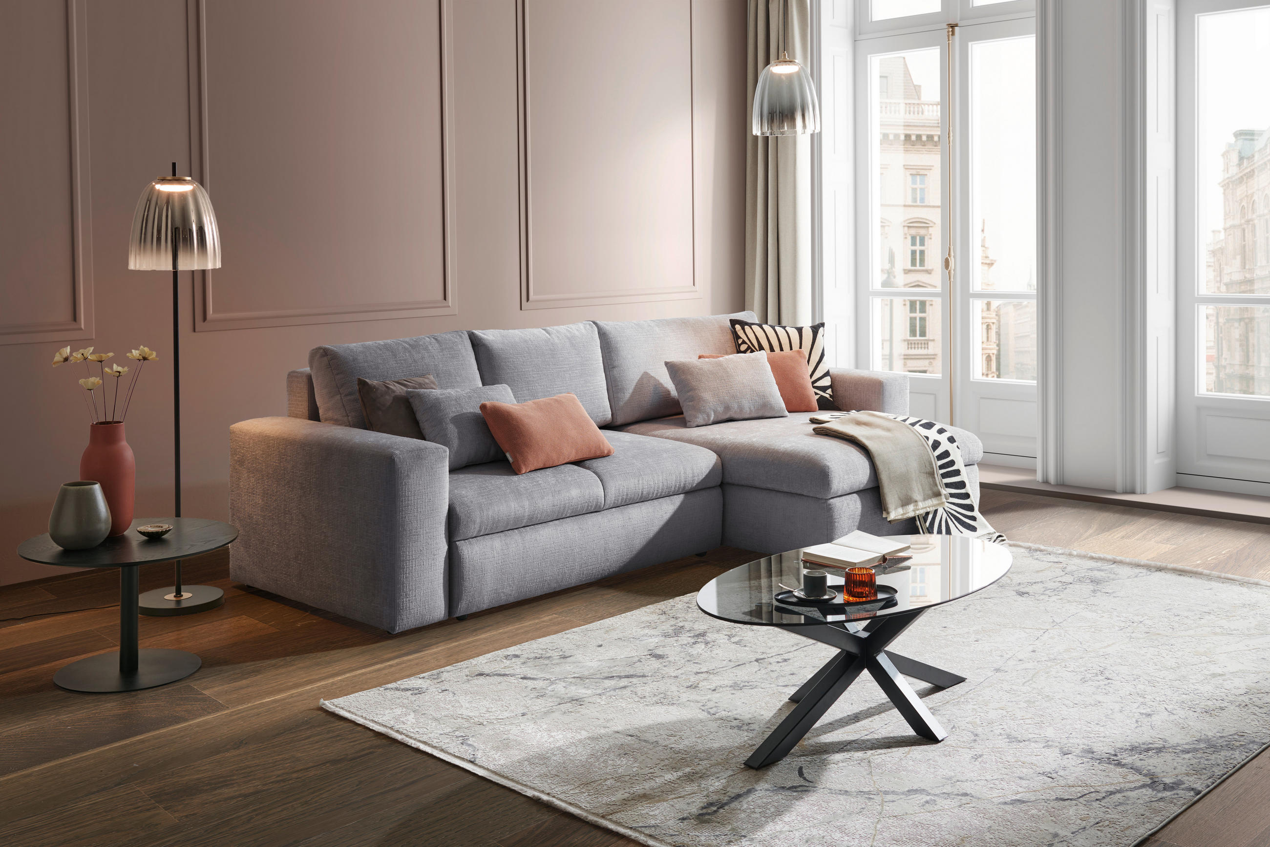 ECKSOFA Grau Chenille  - Schwarz/Grau, KONVENTIONELL, Kunststoff/Textil (292/150cm) - Hom`in