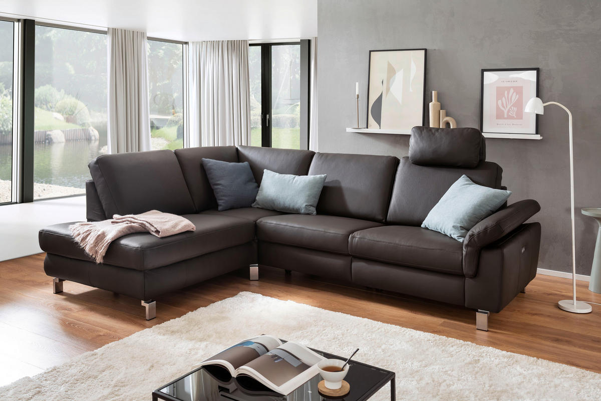 ECKSOFA in Echtleder Dunkelbraun  - Chromfarben/Dunkelbraun, Design, Leder/Metall (271/200cm) - Pure Home Lifestyle