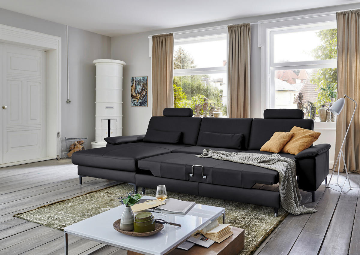 ECKSOFA in Echtleder Anthrazit  - Anthrazit/Schwarz, Design, Leder/Metall (176/334cm) - Dieter Knoll