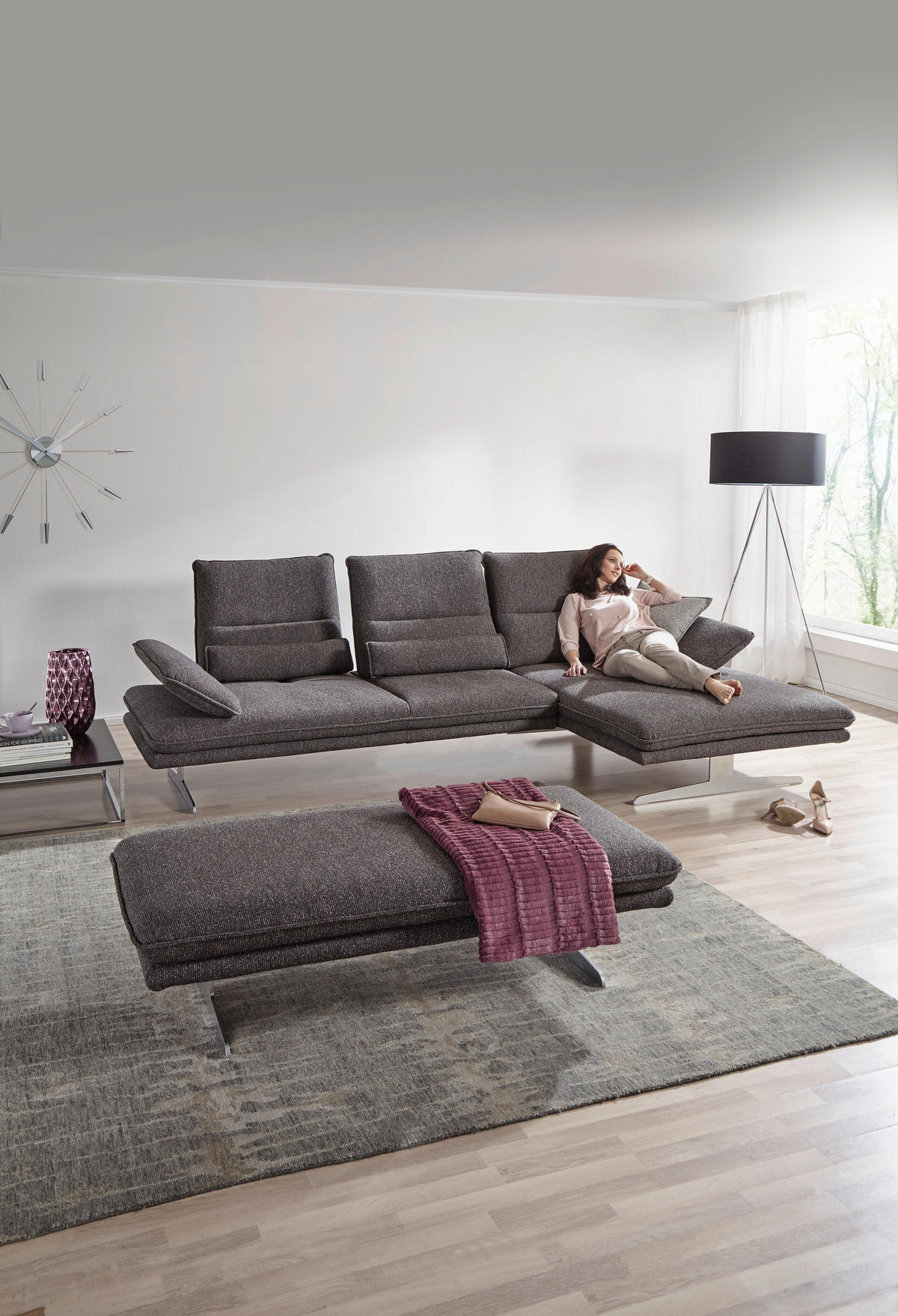 ECKSOFA Webstoff Anthrazit  - Chromfarben/Anthrazit, Design, Textil/Metall (291/164cm) - Chilliano