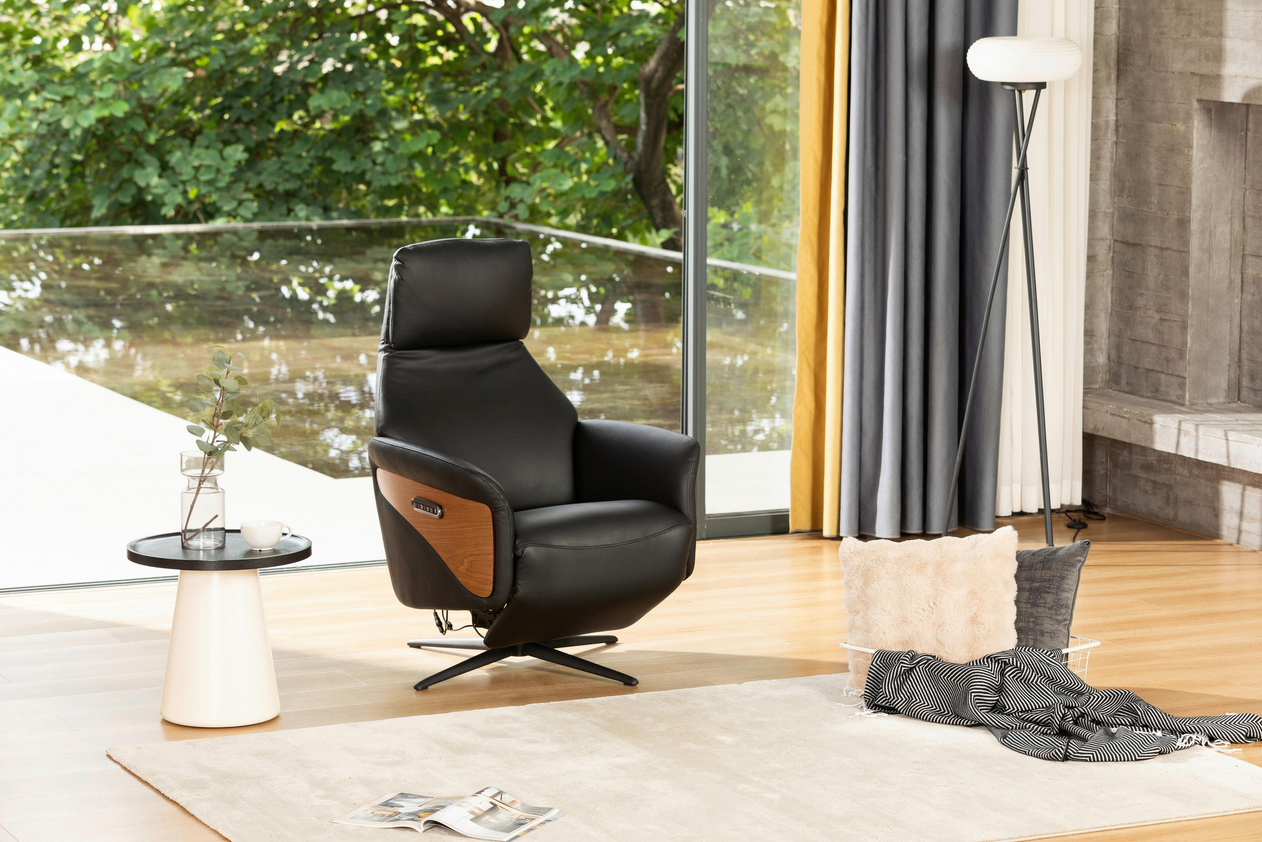 MASSAGESESSEL Echtleder Lederlook Schwarz - Schwarz/Braun, KONVENTIONELL, Leder/Holzwerkstoff (75/112/85cm) - Livetastic