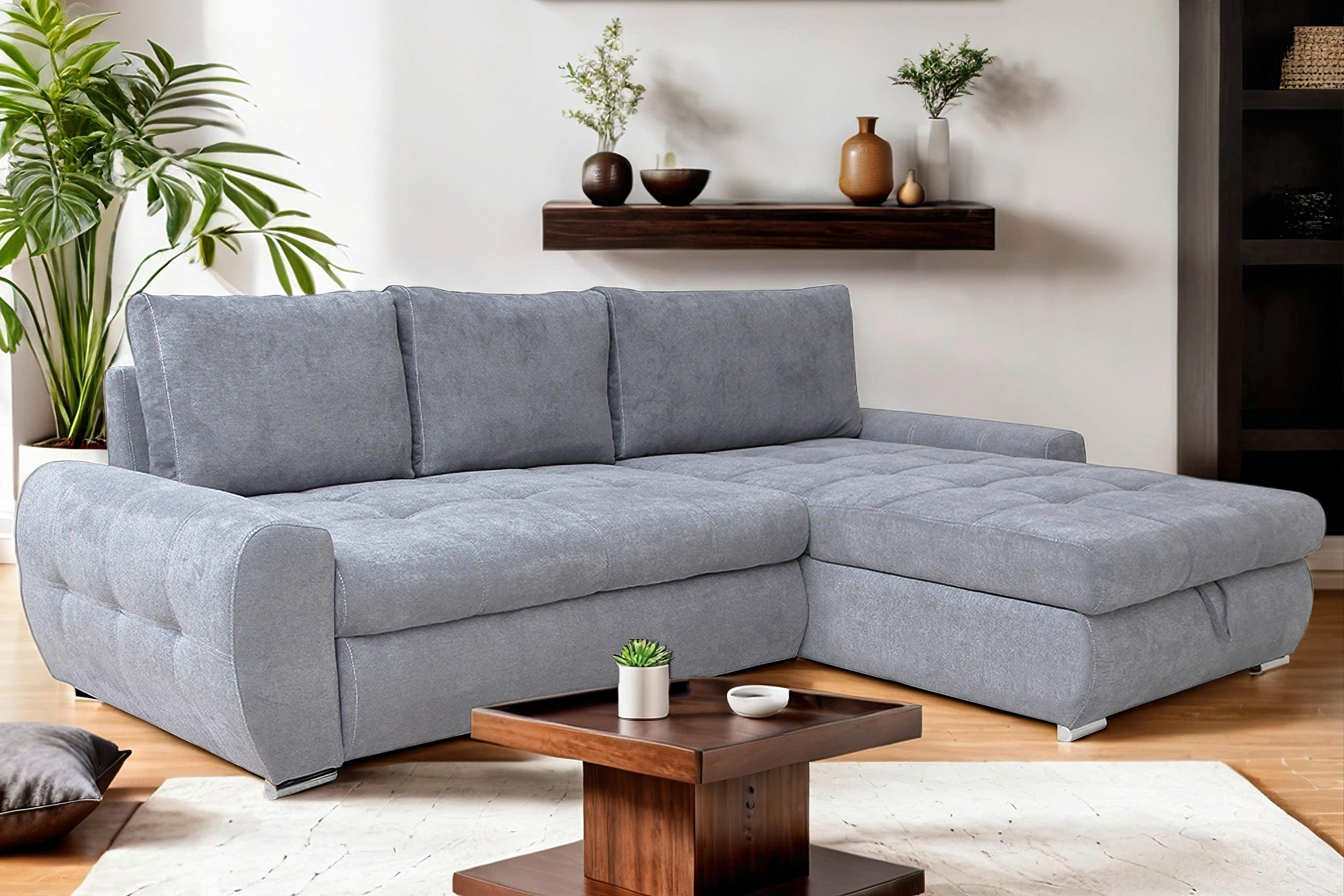 ECKSCHLAFSOFA Velours Hellgrau  - Chromfarben/Hellgrau, Design, Kunststoff/Textil (277/175cm) - Livetastic