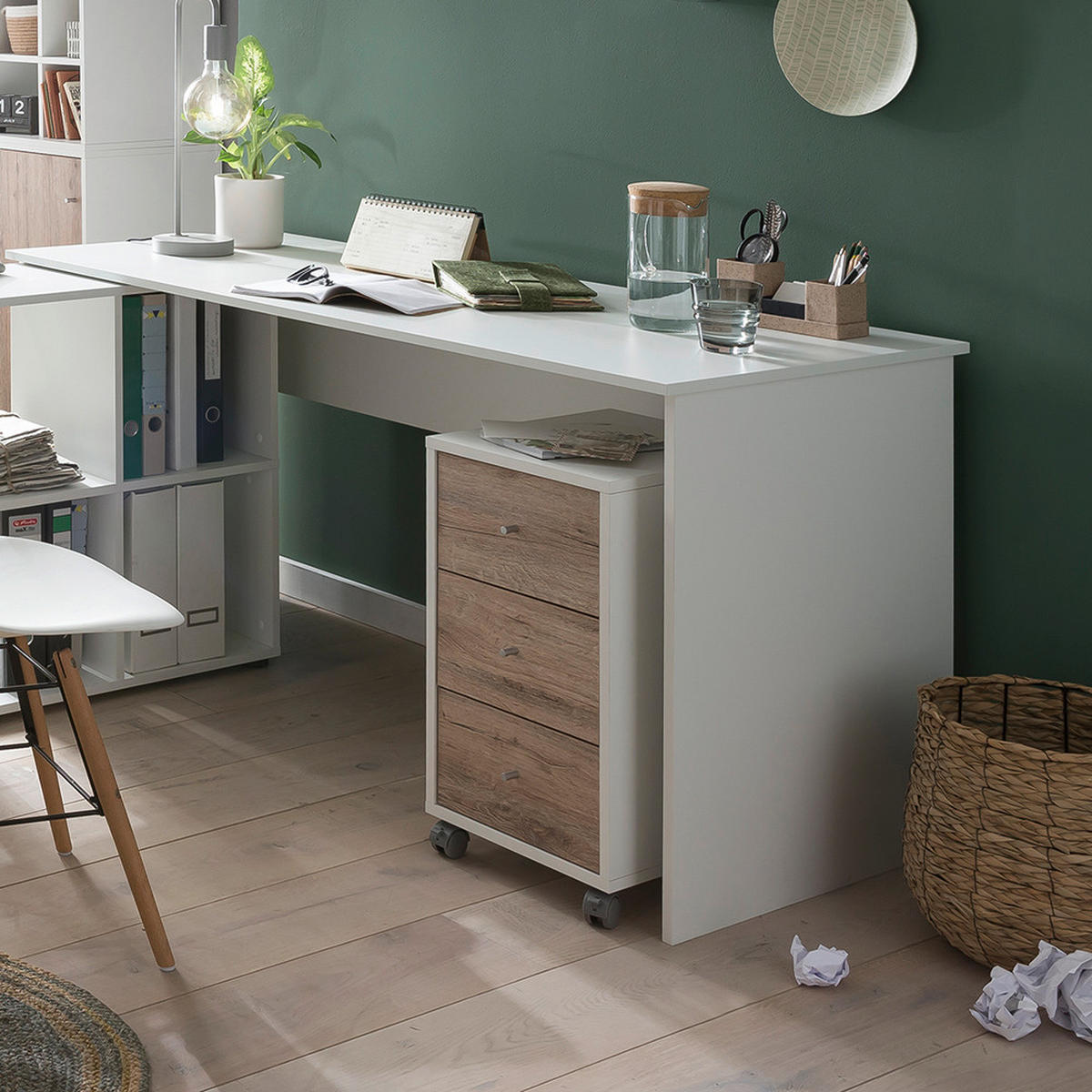 ROLLCONTAINER Weiß, Wildeiche  - Wildeiche/Silberfarben, MODERN, Holzwerkstoff/Kunststoff (32,6/59,7/39,1cm) - MID.YOU