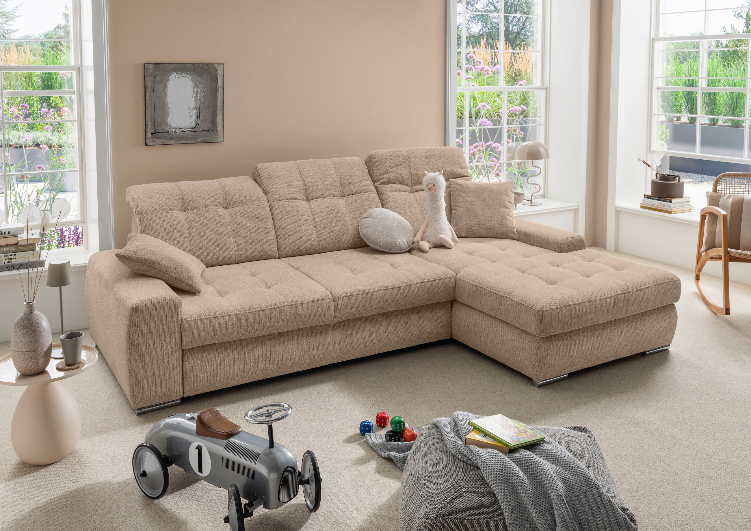 ECKSOFA FRIDO Hellbraun Chenille Schlaffunktion, Kopfteilverstellung, Stauraum, Sitztiefenverstellung  - Chromfarben/Hellbraun, KONVENTIONELL, Textil/Metall (283/186cm) - Livetastic