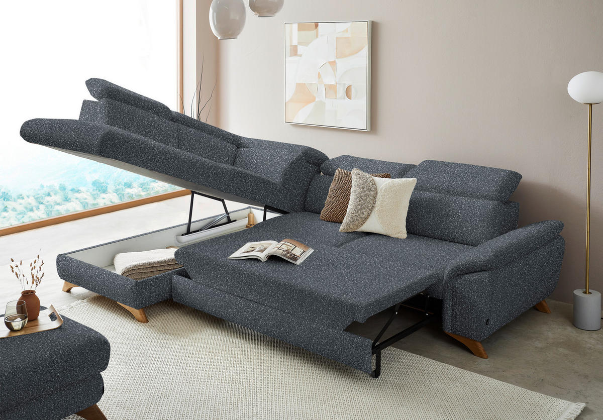 ECKSOFA in Bouclé Dunkelgrau  - Eichefarben/Dunkelgrau, Modern, Holz/Textil (212/287cm) - Valnatura
