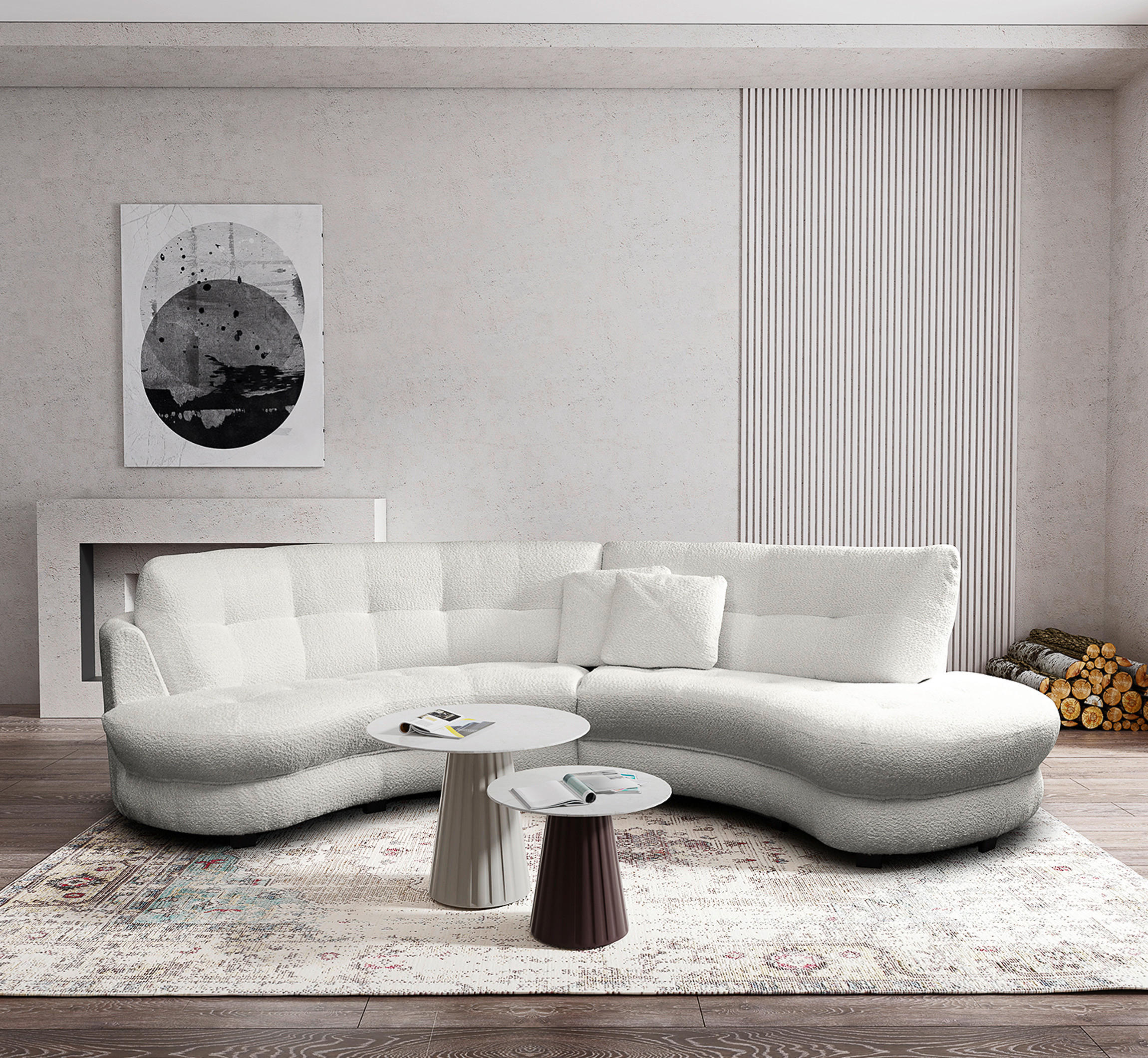 ECKSOFA Rundform  Hellgrau Bouclé  - Hellgrau/Schwarz, Design, Kunststoff/Textil (300/113cm) - Livetastic