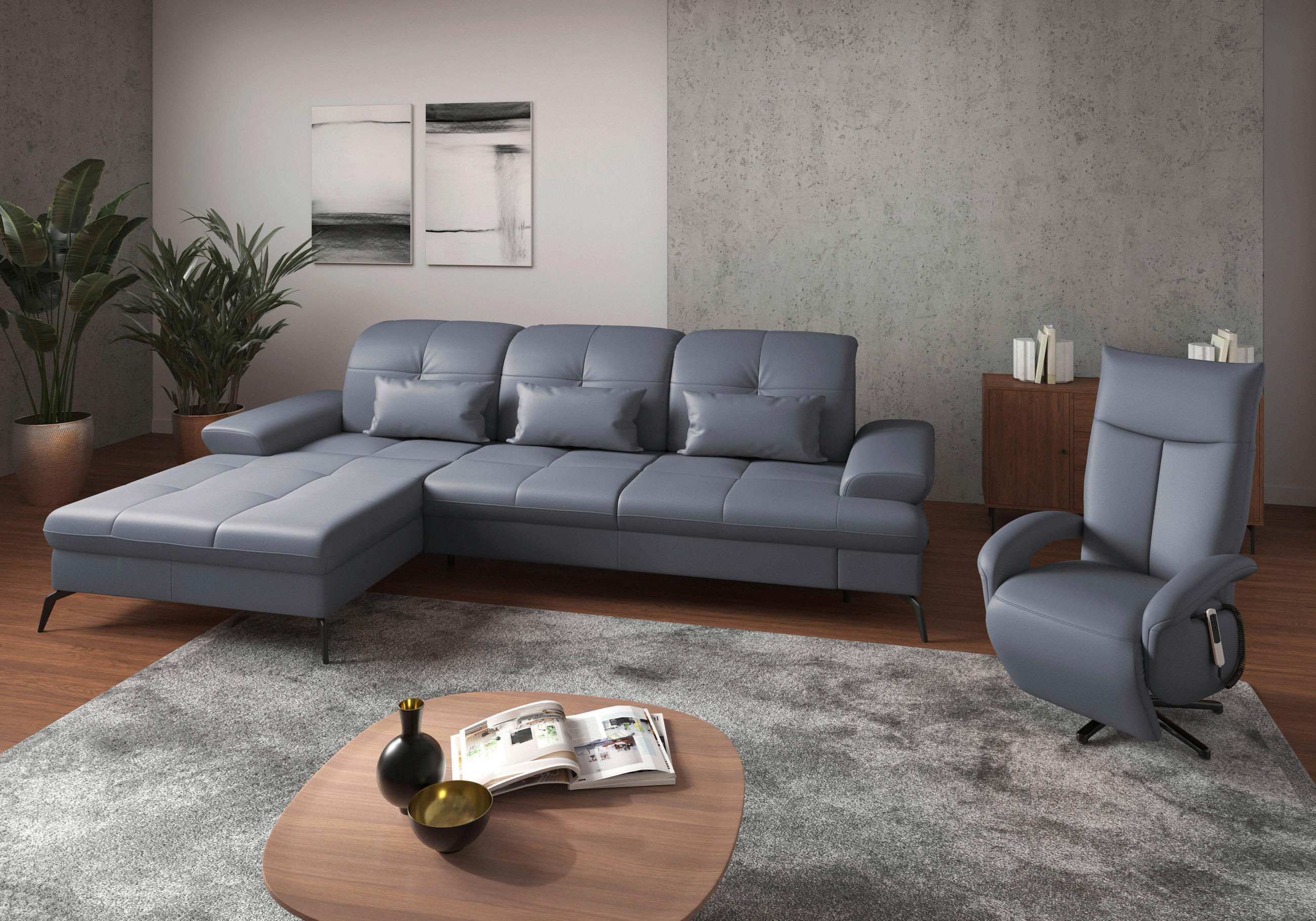 Thumbnail - Sit & More Ecksofa, Graublau, Textil, Leder, Kombination Echtleder/Stoff, Nappaleder, 4,5-Sitzer, Ottomane links, L-Form...