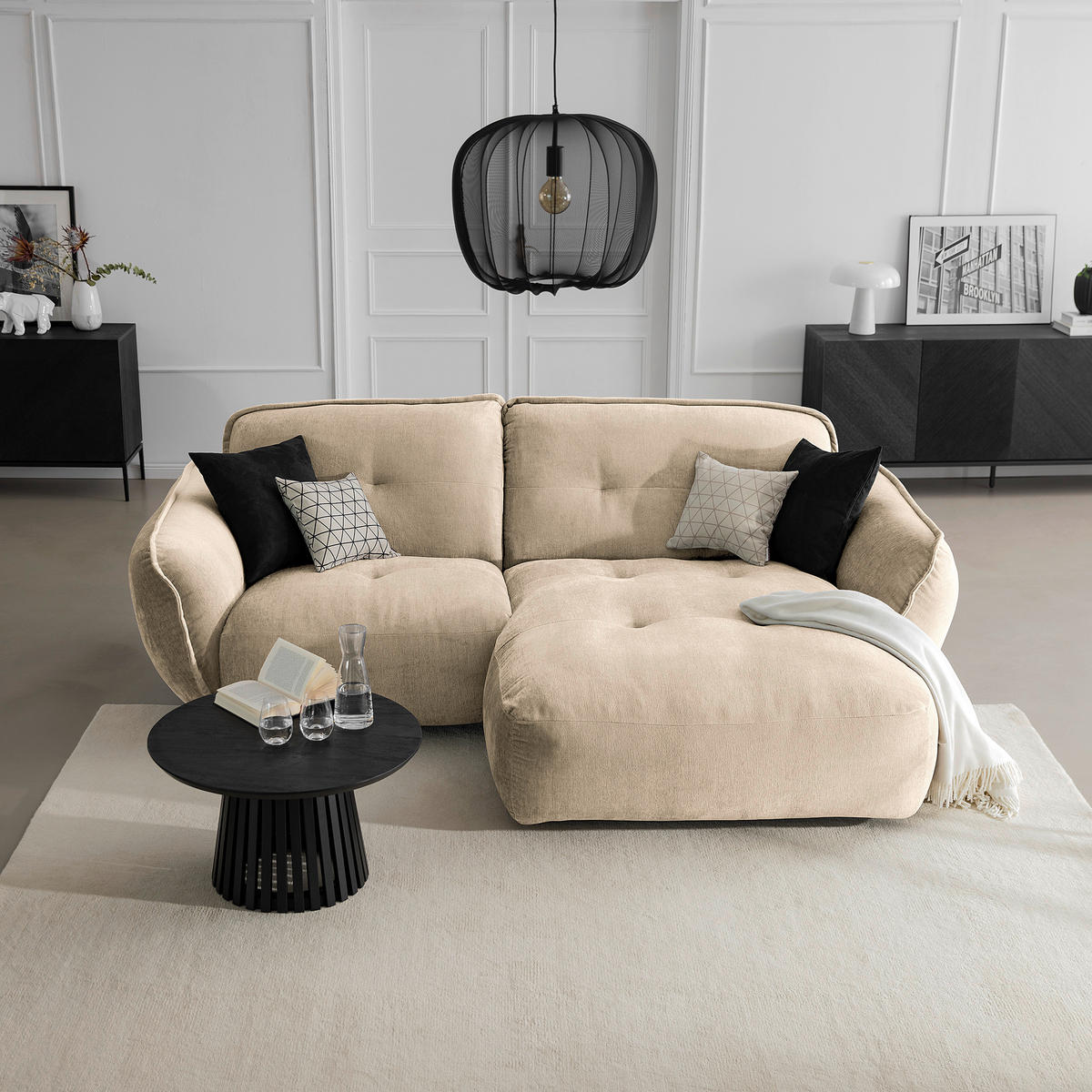 ECKSOFA in Chenille Creme  - Creme/Schwarz, Modern, Kunststoff/Textil (269/184cm) - Trendmanufaktur