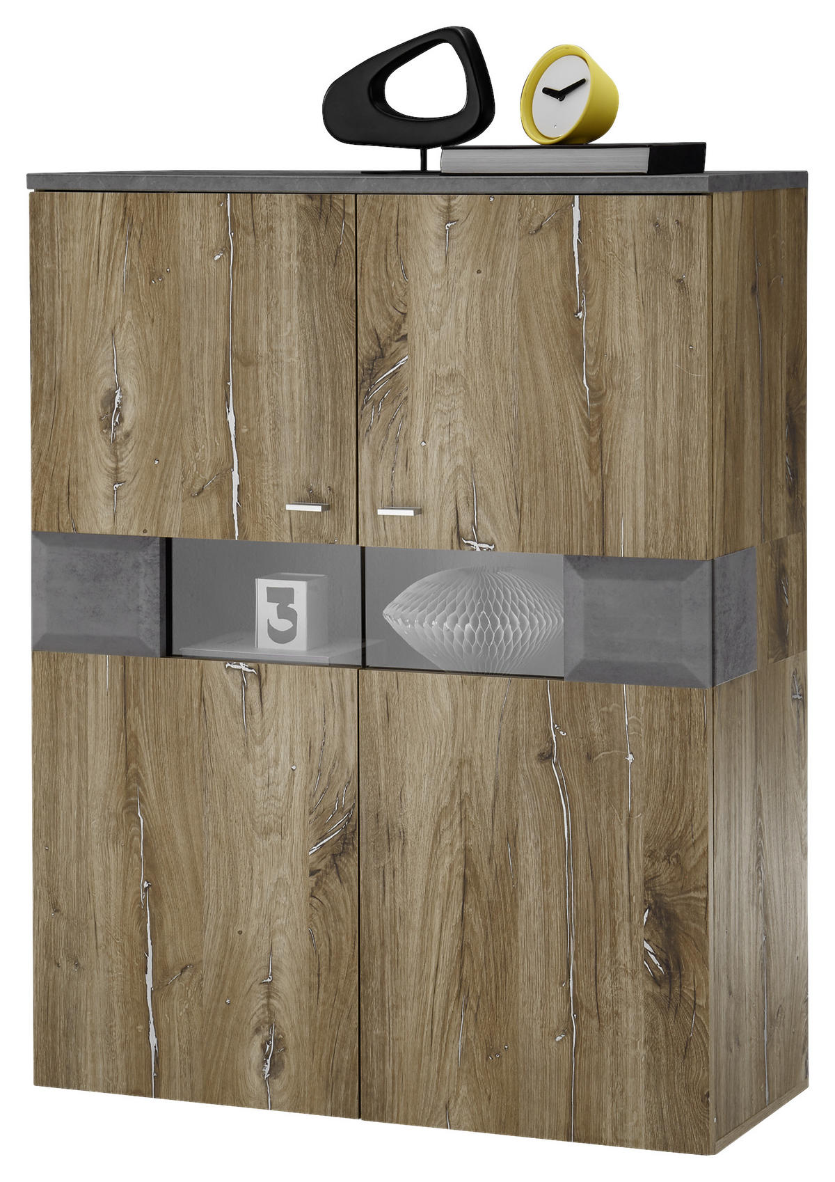 HIGHBOARD  in 100/128/42 cm  - Dunkelgrau/Eichefarben, KONVENTIONELL, Glas/Holzwerkstoff (100/128/42cm) - MID.YOU