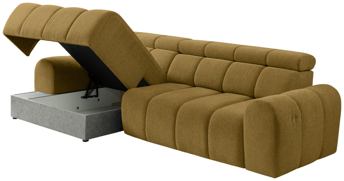 ECKSOFA Gelb Chenille Bettkasten, Rücken echt, Relaxfunktion, Kopfteilverstellung  - Gelb/Schwarz, Design, Kunststoff/Textil (152/290cm) - Stylife