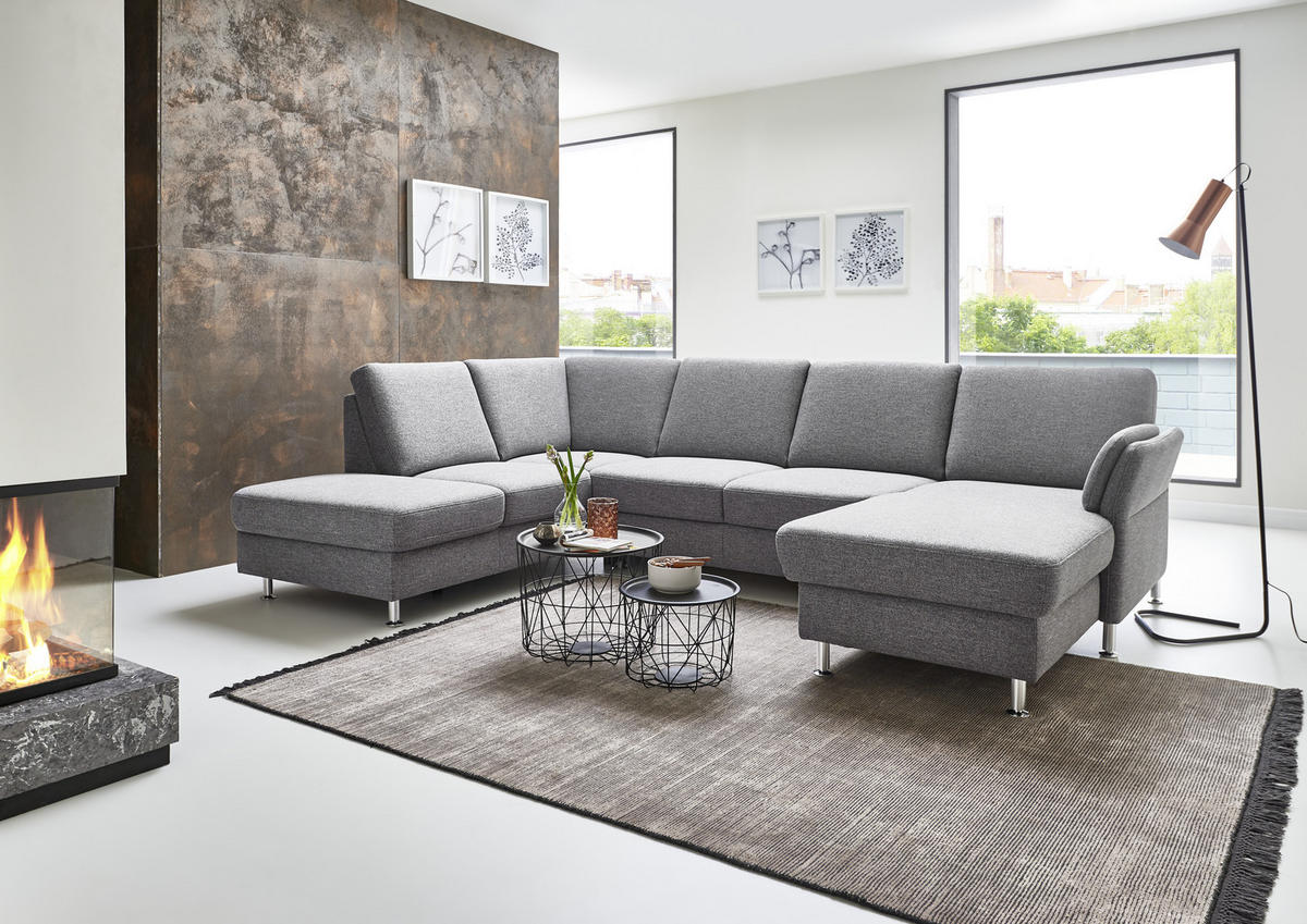 WOHNLANDSCHAFT in Flachgewebe Grau  - Chromfarben/Grau, Konventionell, Textil/Metall (168/305/200cm) - Beldomo System