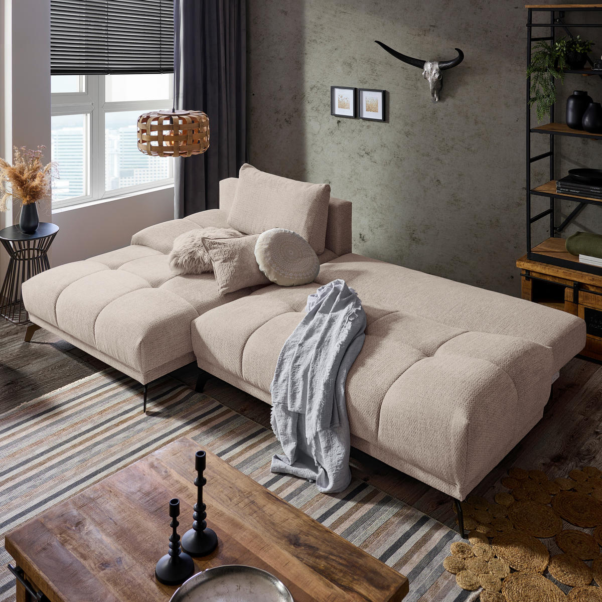 ECKSOFA Greige Chenille  - Greige/Schwarz, MODERN, Textil/Metall (182/290cm) - Hom`in