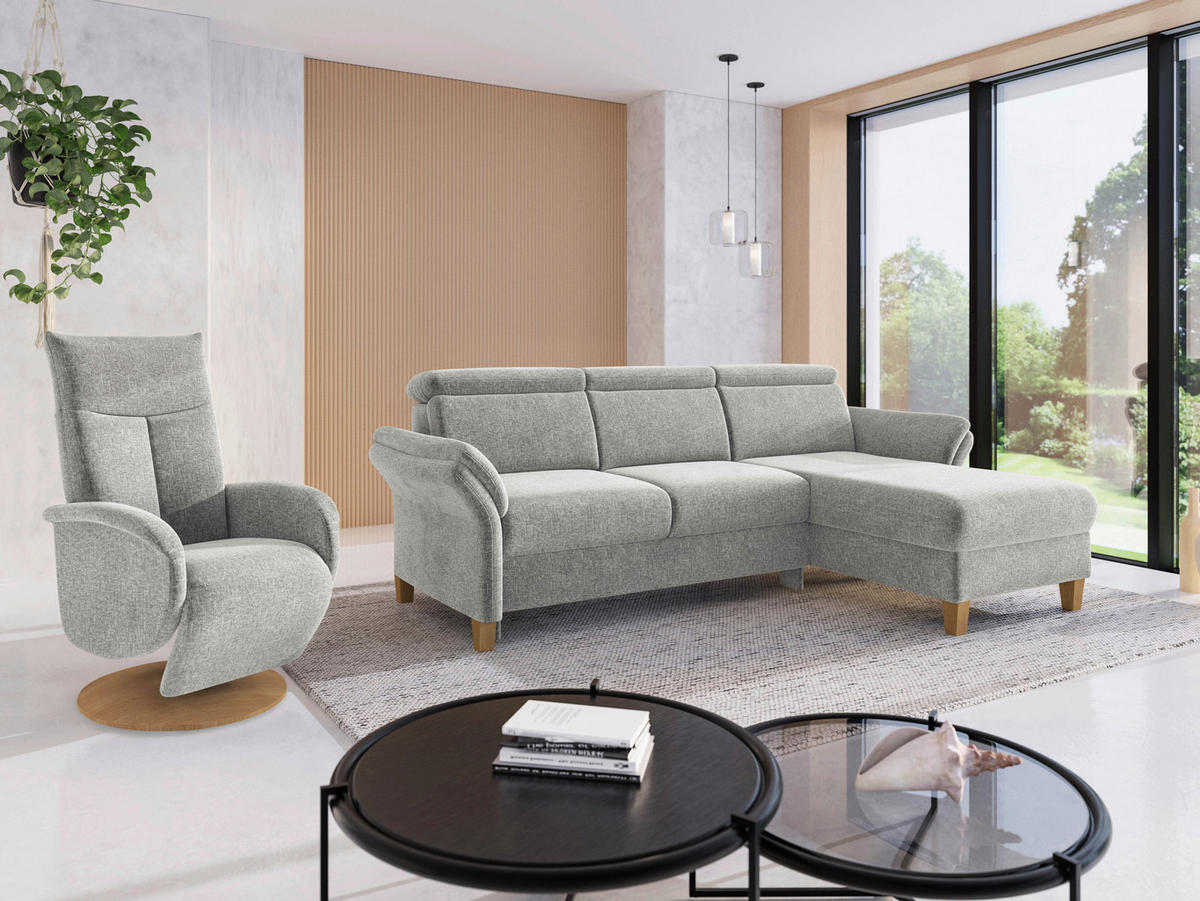 ECKSOFA GLENDALE E Hellgrau Flachgewebe  - Eichefarben/Hellgrau, KONVENTIONELL, Holz/Textil (253/166cm) - Sit & More
