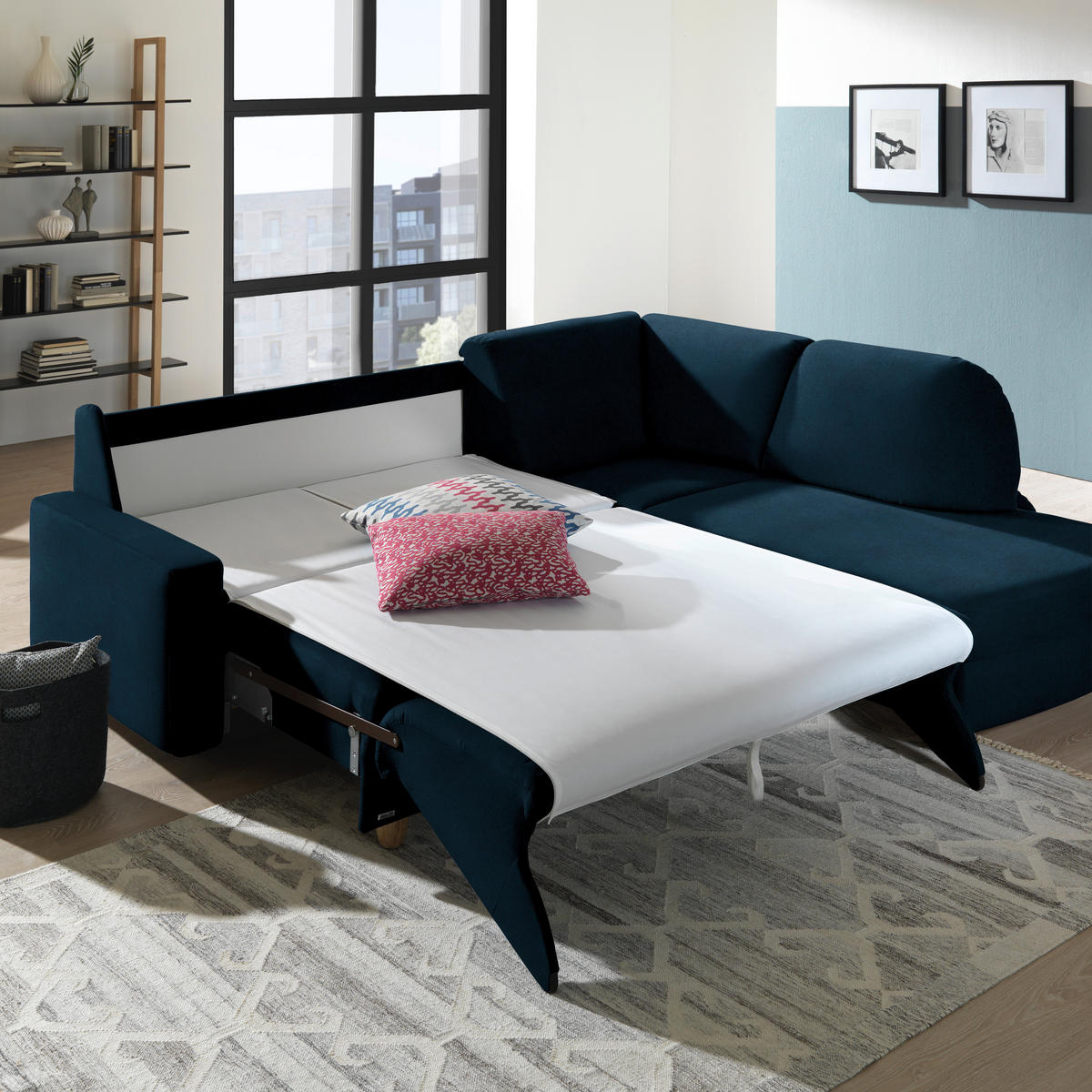 ECKSOFA in Flachgewebe Dunkelblau  227/208 cm  - Eichefarben/Rot, KONVENTIONELL, Holz/Textil (227/208cm) - Sedda