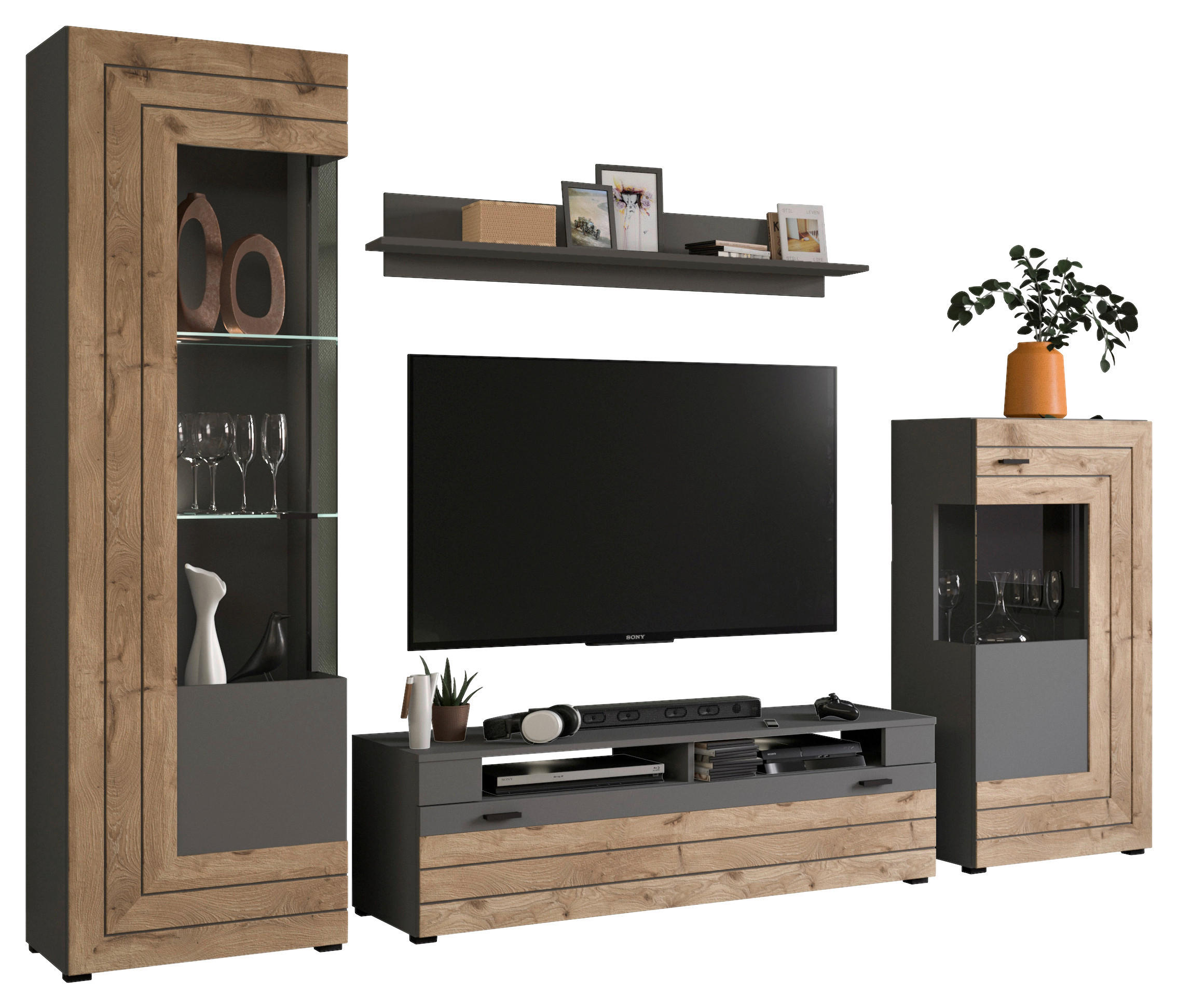 WOHNWAND 4-teilig  in  290/195/40 cm  - KONVENTIONELL, Glas/Holzwerkstoff (290/195/40cm) - MID.YOU