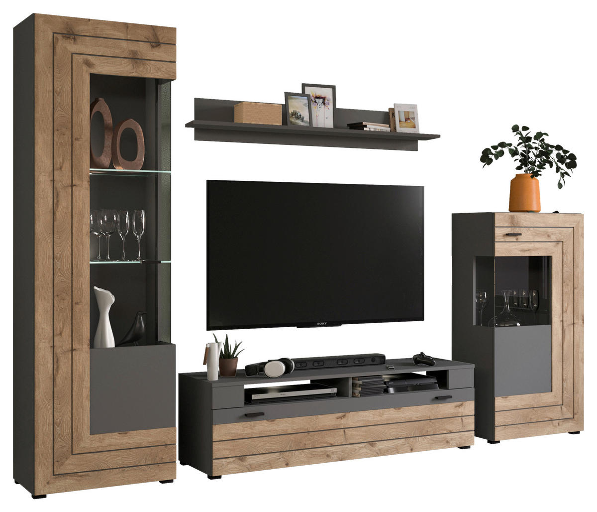 WOHNWAND 4-teilig  in  290/195/40 cm  - KONVENTIONELL, Glas/Holzwerkstoff (290/195/40cm) - MID.YOU
