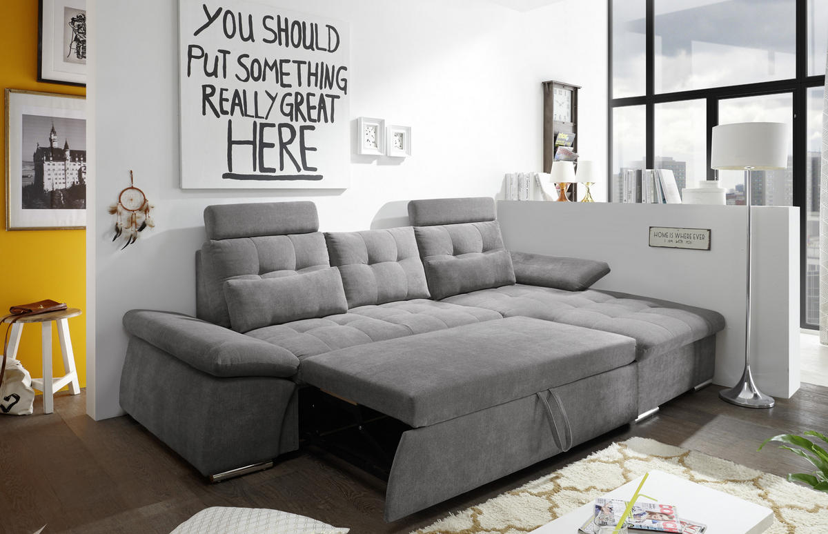 ECKSOFA Grau Mikrovelours  - Silberfarben/Grau, KONVENTIONELL, Kunststoff/Textil (268/170cm) - MID.YOU