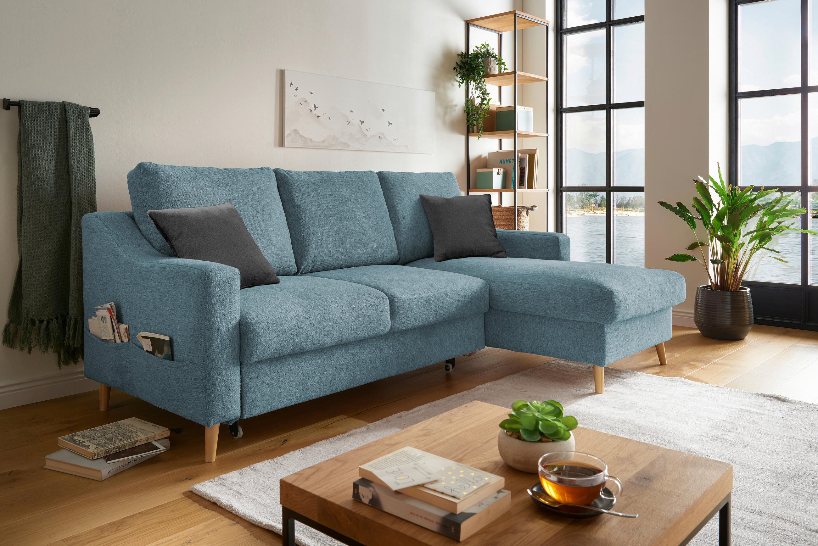 ECKSOFA in Mikrofaser Blau  - Blau/Schwarz, Design, Holz/Textil (228/150cm) - MID.YOU