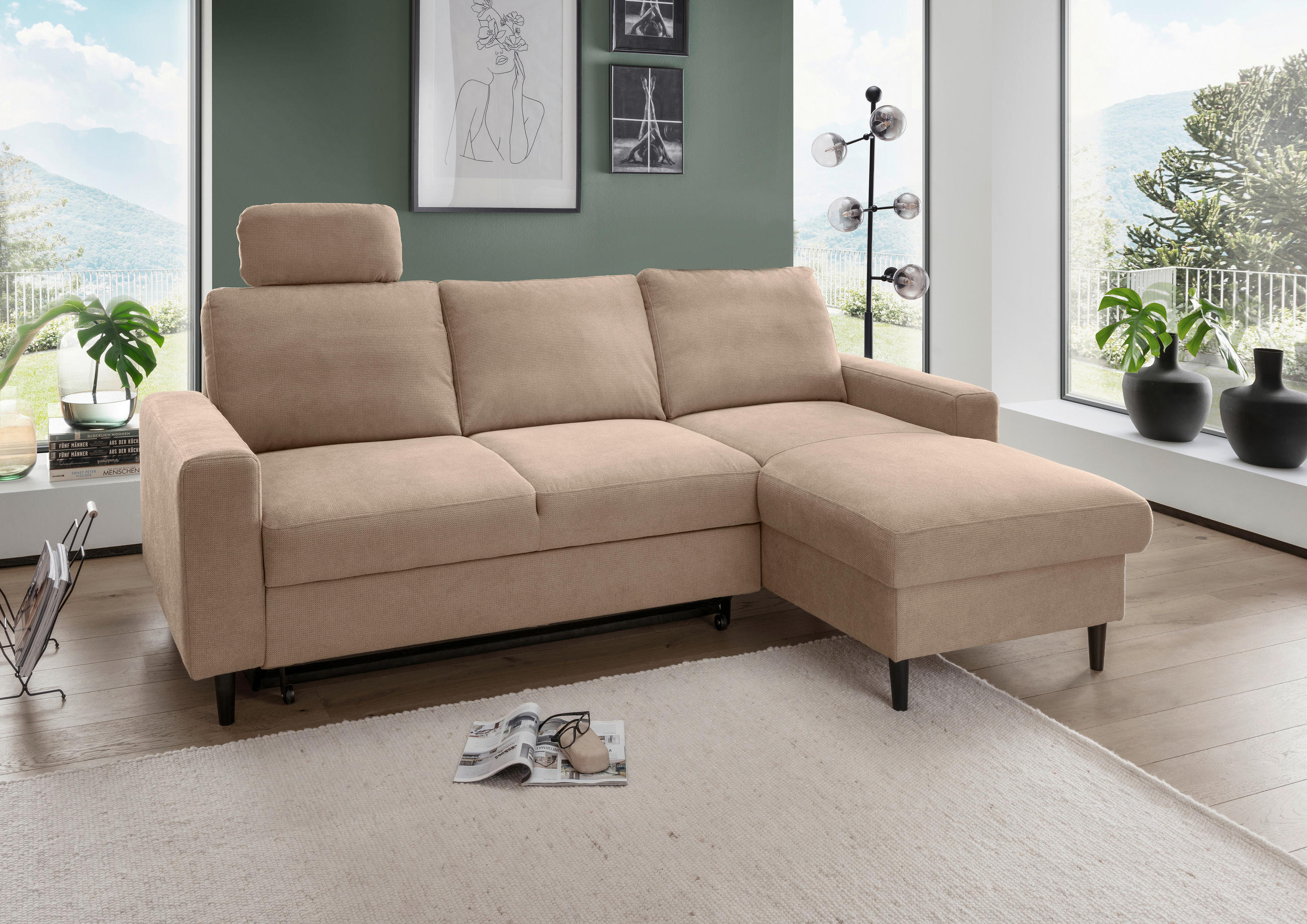 ECKSCHLAFSOFA in Chenille Hellbraun  - Hellbraun/Schwarz, Modern, Holz/Textil (234/147cm) - Livetastic