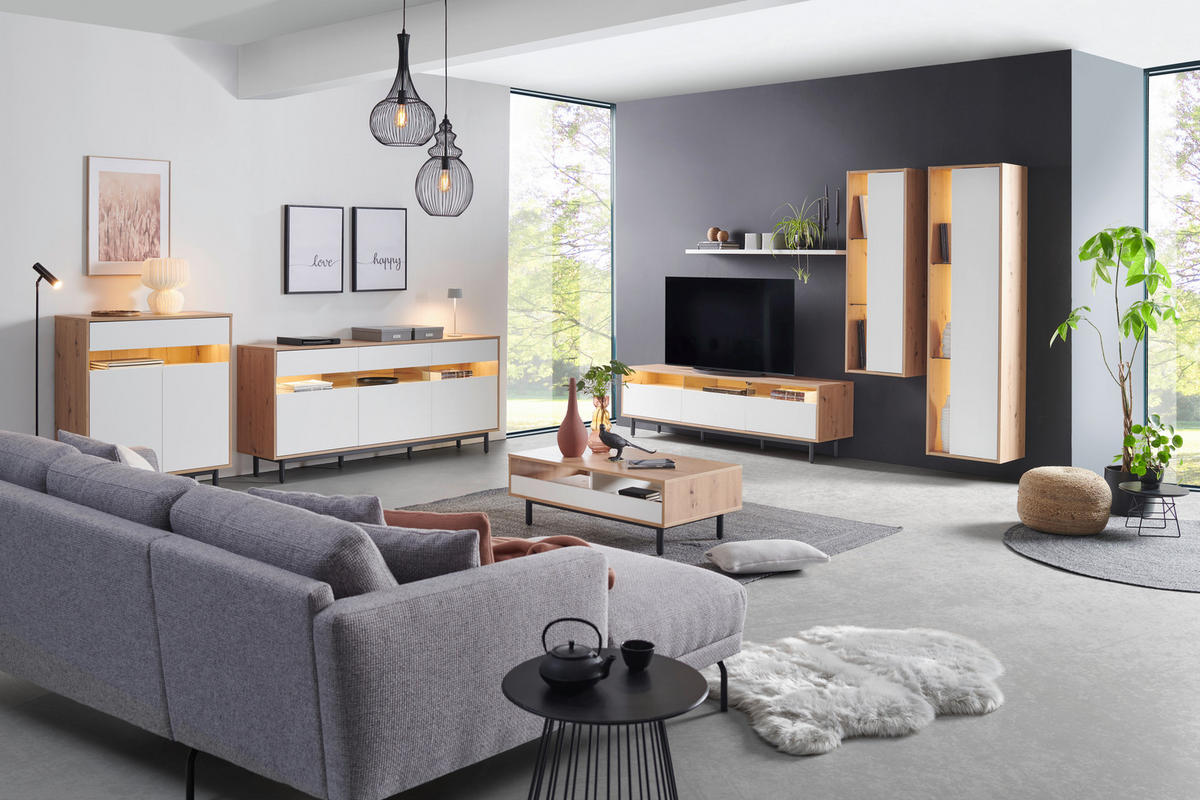 WOHNWAND  Graphitfarben, Weiss, Eiche Artisan 309/210/45 cm  - Weiss/Anthrazit, Design, Glas/Holz (309/210/45cm) - home24