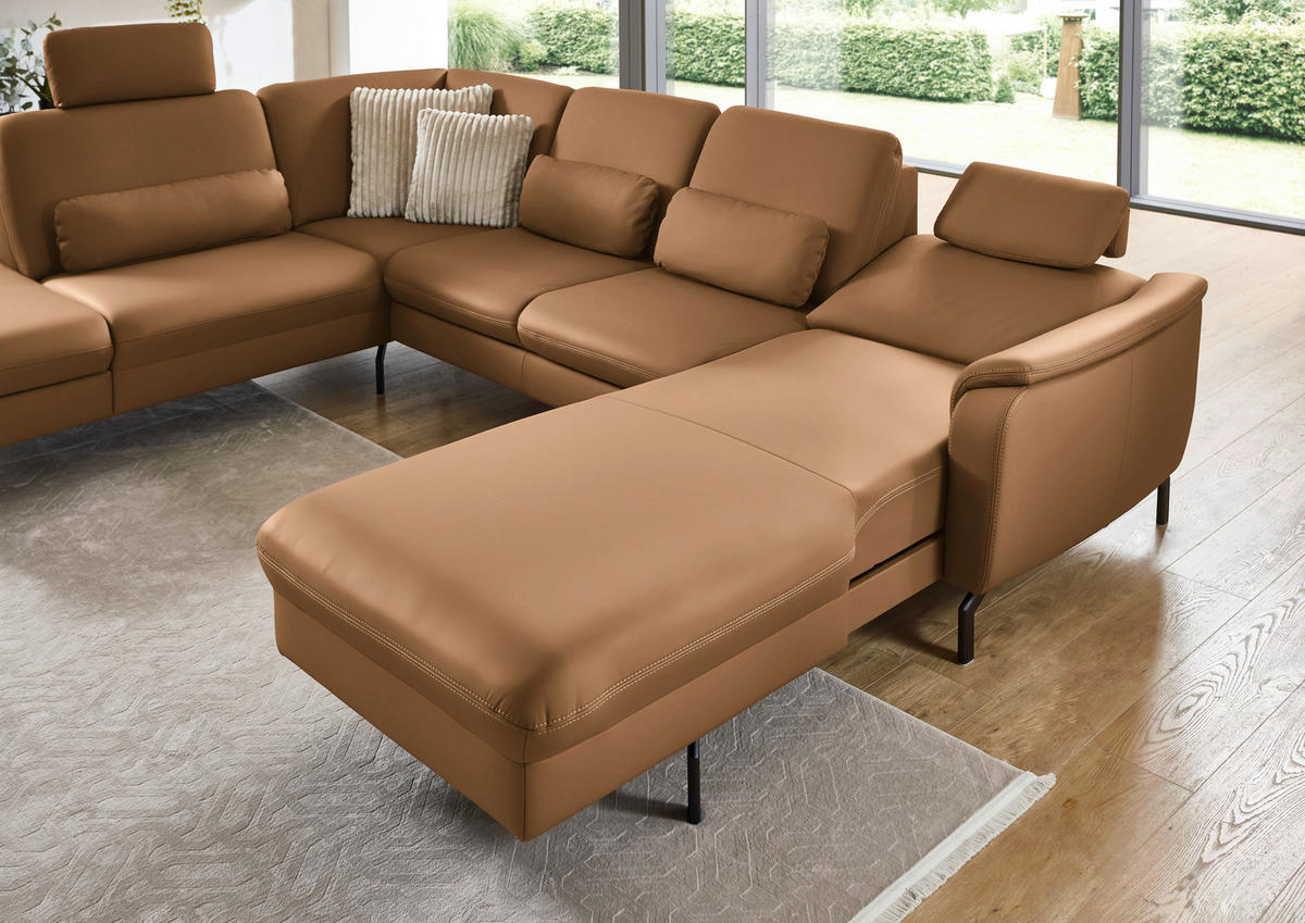 WOHNLANDSCHAFT Echtleder Hellbraun  - Hellbraun/Schwarz, Konventionell, Leder/Metall (224/306/168cm) - Beldomo Premium