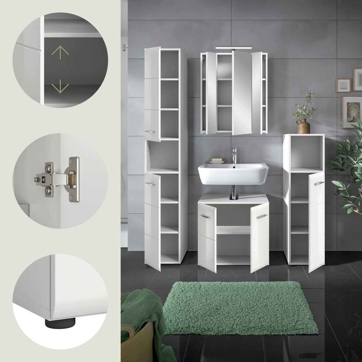 BADEZIMMER 4-teilig  in 120 cm  - Weiß Hochglanz/Silberfarben, MODERN, Holzwerkstoff/Kunststoff (120cm) - MID.YOU