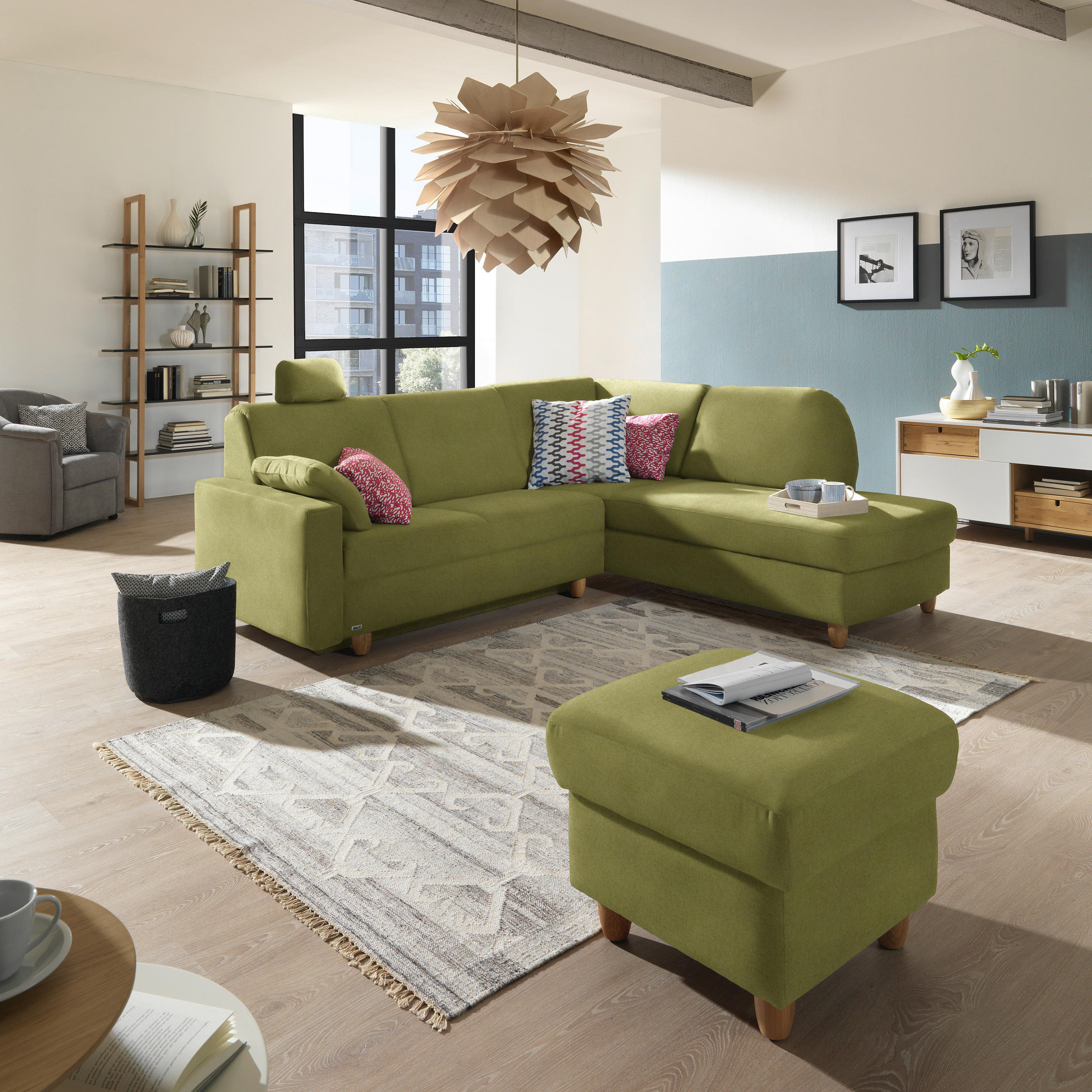 ECKSOFA in Flachgewebe Limette  227/208 cm  - Eichefarben/Limette, KONVENTIONELL, Holz/Textil (227/208cm) - Sedda