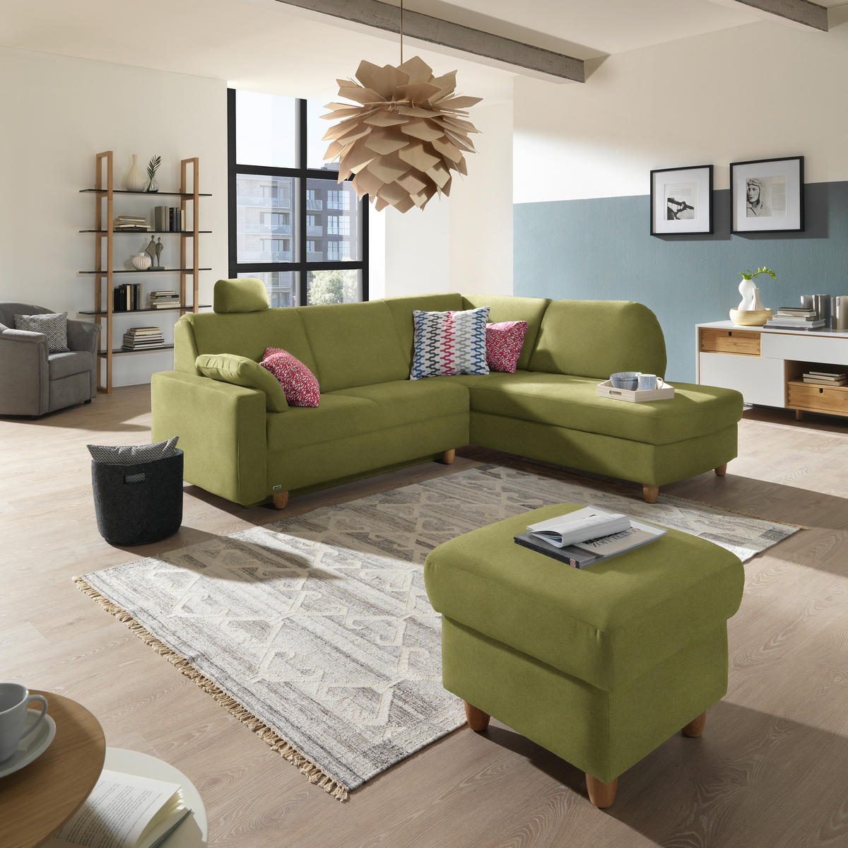 ECKSOFA in Flachgewebe Limette  227/208 cm  - Eichefarben/Limette, KONVENTIONELL, Holz/Textil (227/208cm) - Sedda