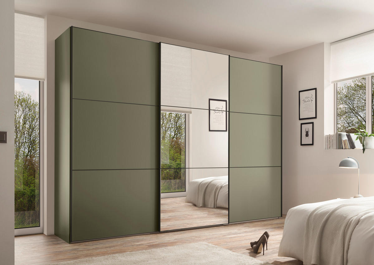 SCHWEBETÜRENSCHRANK 249/222/68 cm 3-türig Salbeigrün  - Salbeigrün/Schwarz, Glas/Holzwerkstoff (249/222/68cm) - Moderano