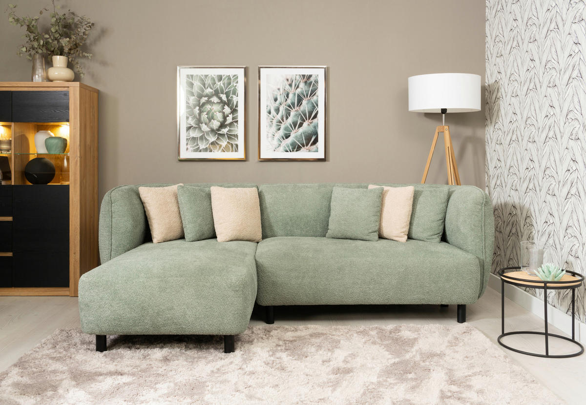 ECKSOFA in Chenille Grün  - Beige/Schwarz, Design, Holz/Textil (148/236cm) - Lomoco