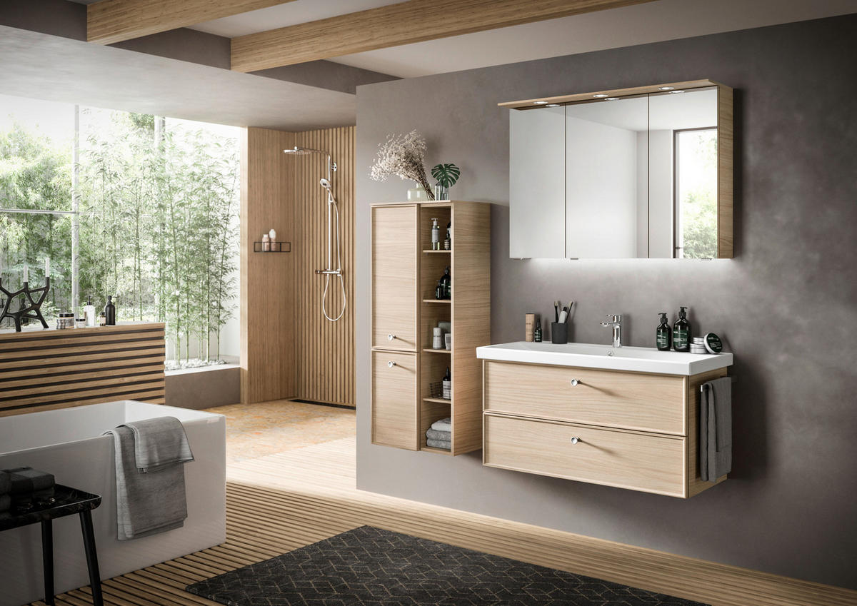 MIDISCHRANK 50/121/33 cm  - Edelstahlfarben/Eichefarben, MODERN, Glas/Holzwerkstoff (50/121/33cm) - Sadena