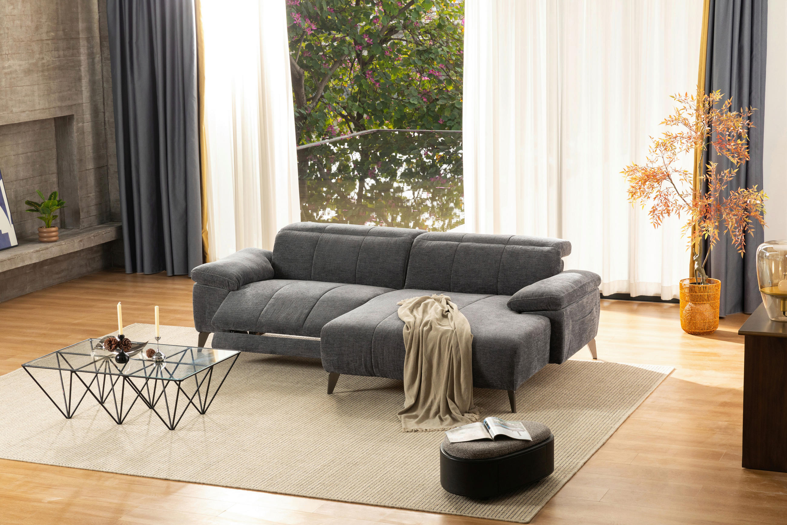 ECKSOFA Dunkelgrau Chenille  - Dunkelgrau/Silberfarben, Design, Textil/Metall (262/175cm) - Livetastic