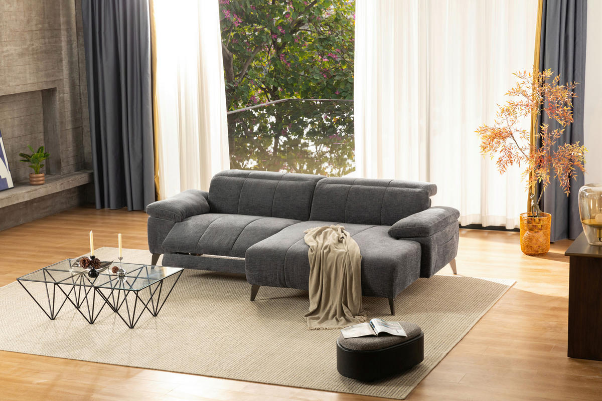 ECKSOFA Dunkelgrau Chenille  - Dunkelgrau/Silberfarben, Design, Textil/Metall (262/175cm) - Livetastic